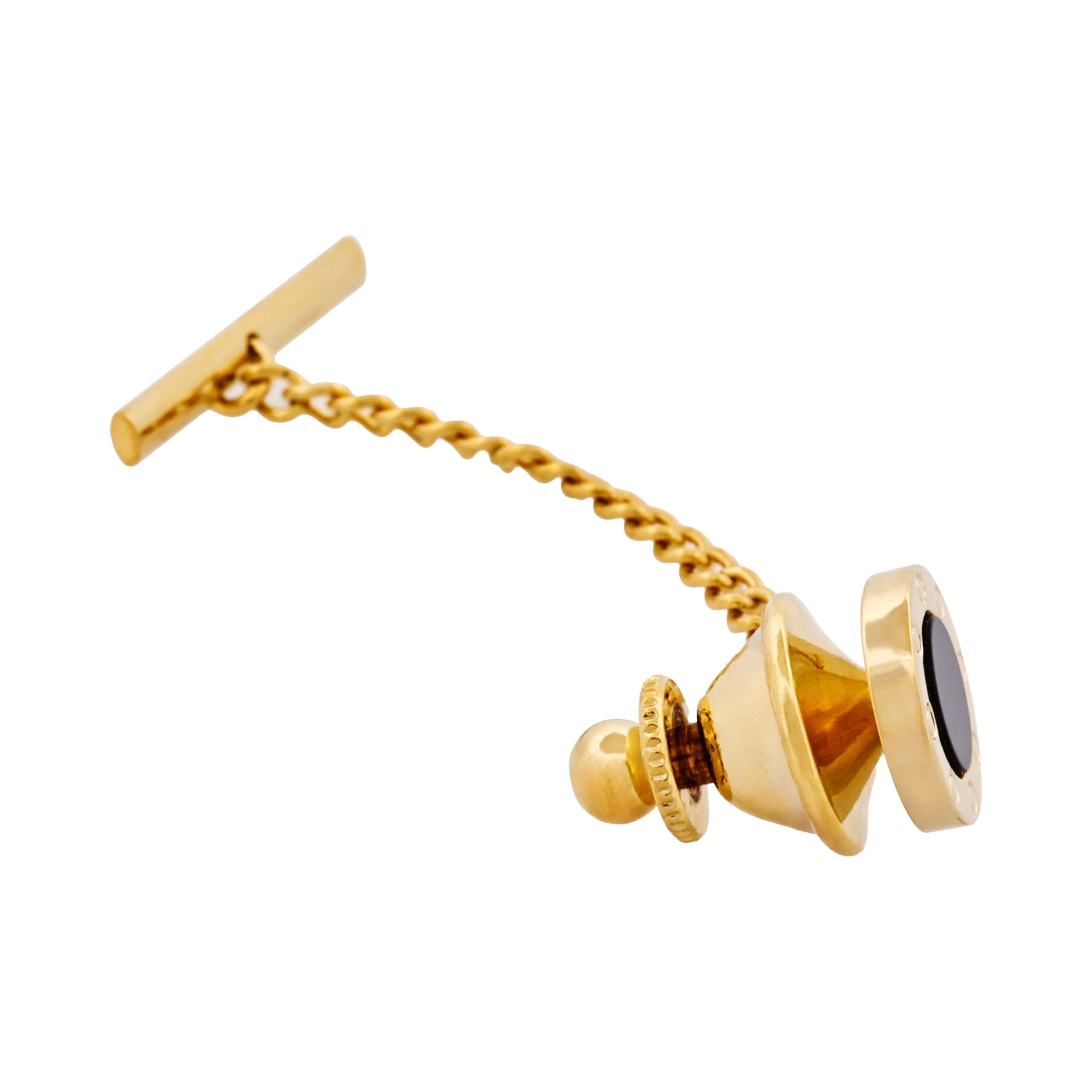 Gold Plated & Onyx Tie Tak & Chain