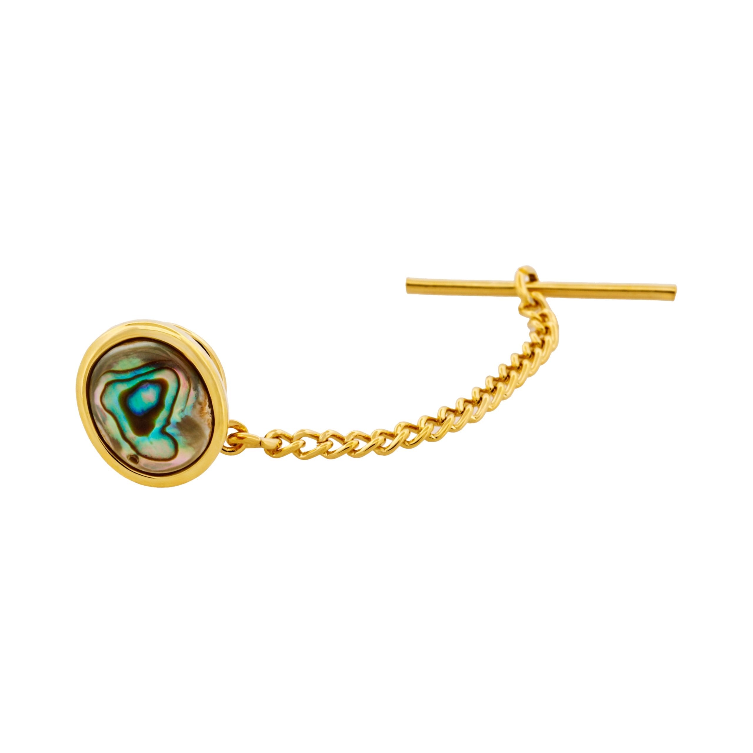 Gold Plated & Abalone Tie Tak & Chain