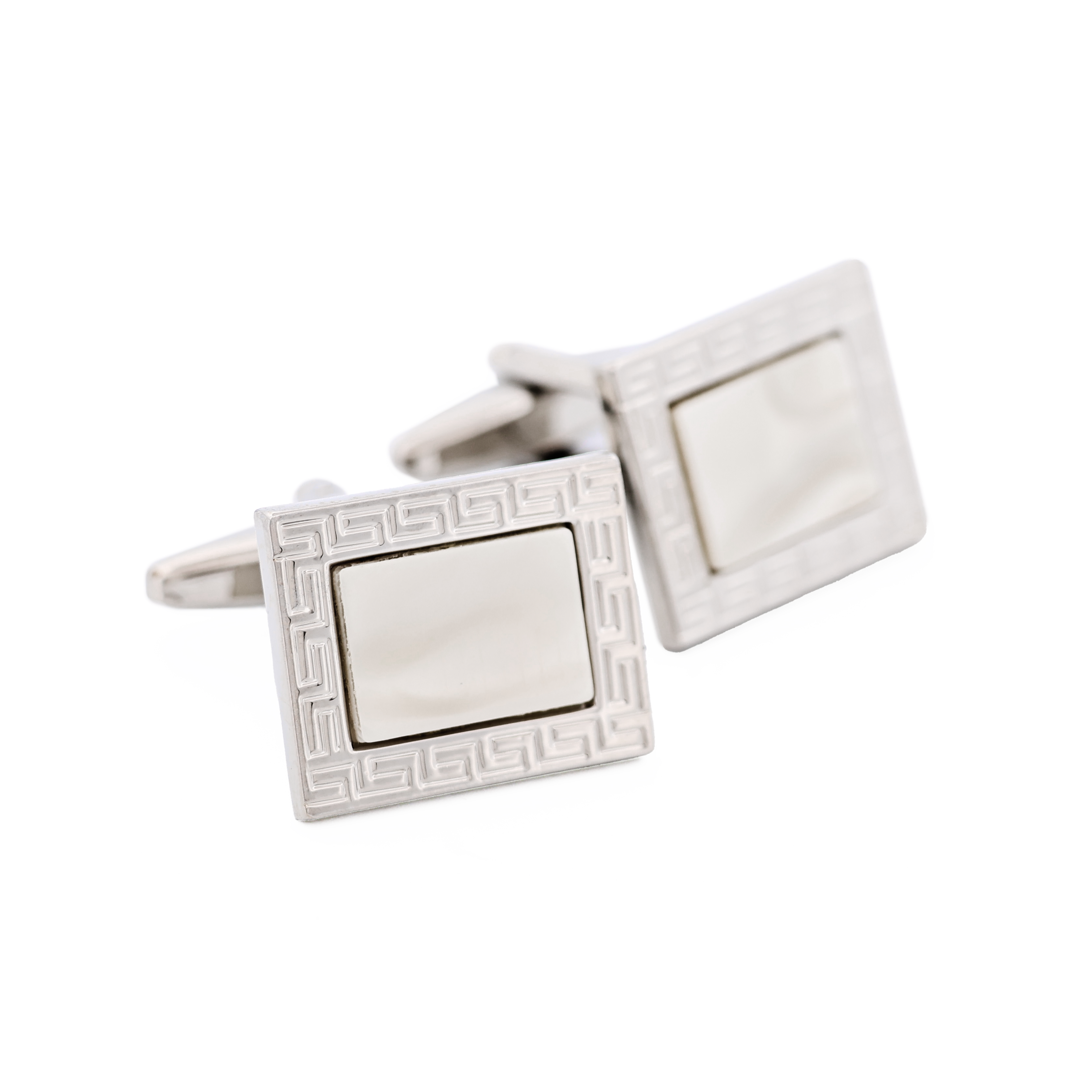 Rhodium Plated & White with Greek Key Pattered Cufflinks