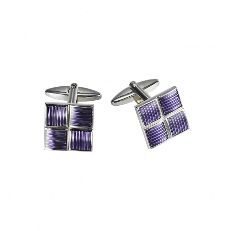 Polished Rhodium Plated Square Cufflinks with 4 Purple Enamel Inlays
