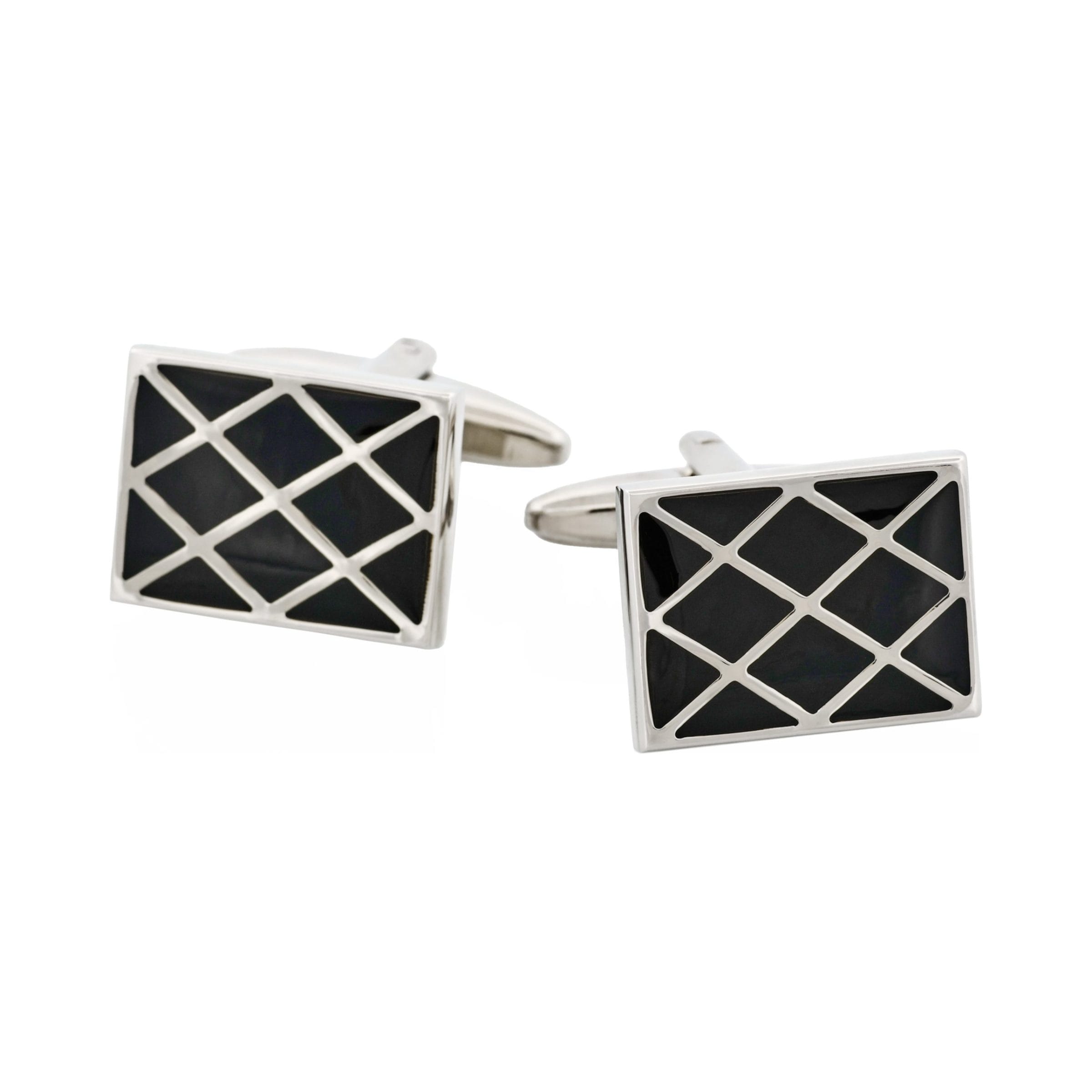 Polished Rhodium Plated Square Cufflinks with Criss Cross Black Enamel Inlay