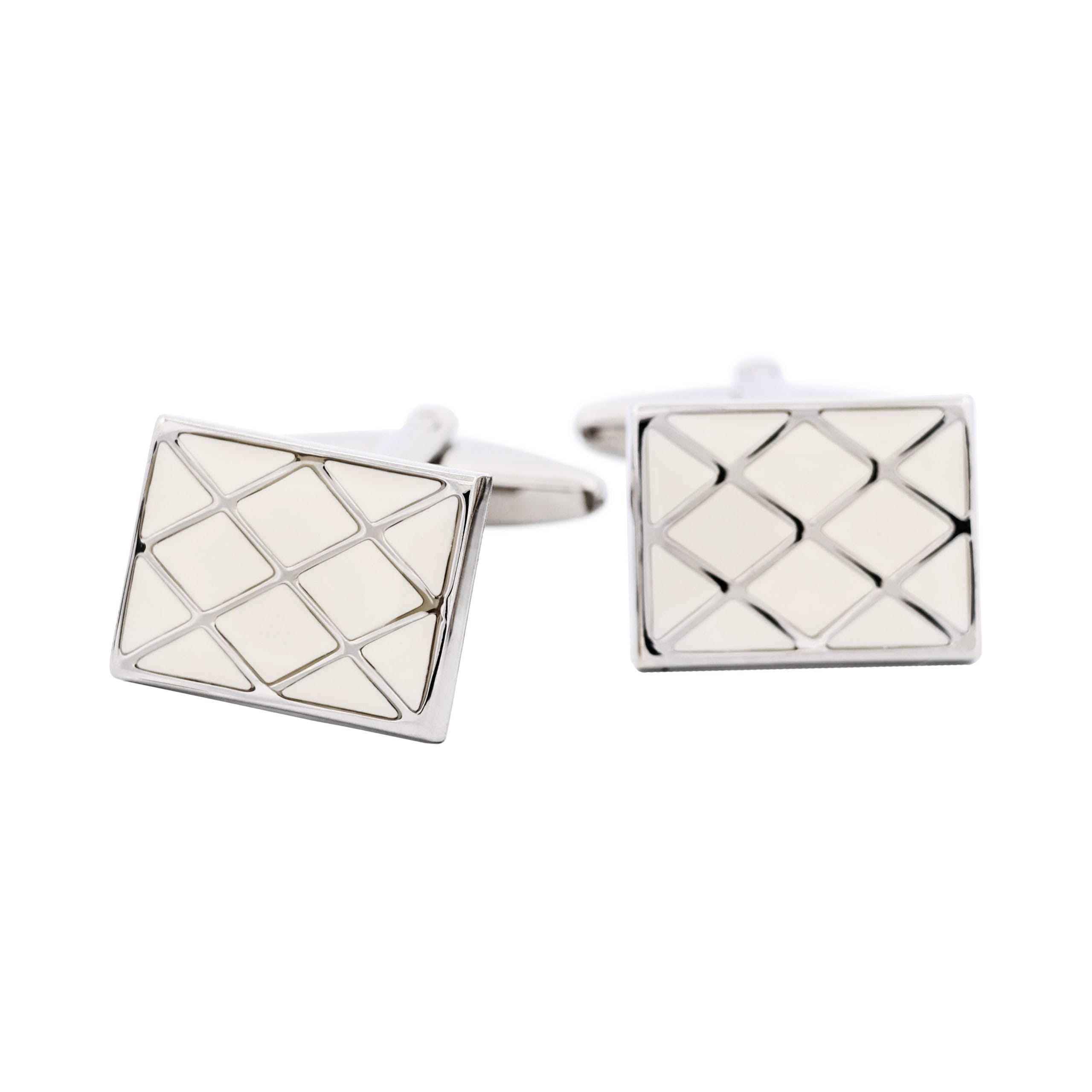 Polished Rhodium Plated Square Cufflinks with Criss Cross White Enamel Inlay