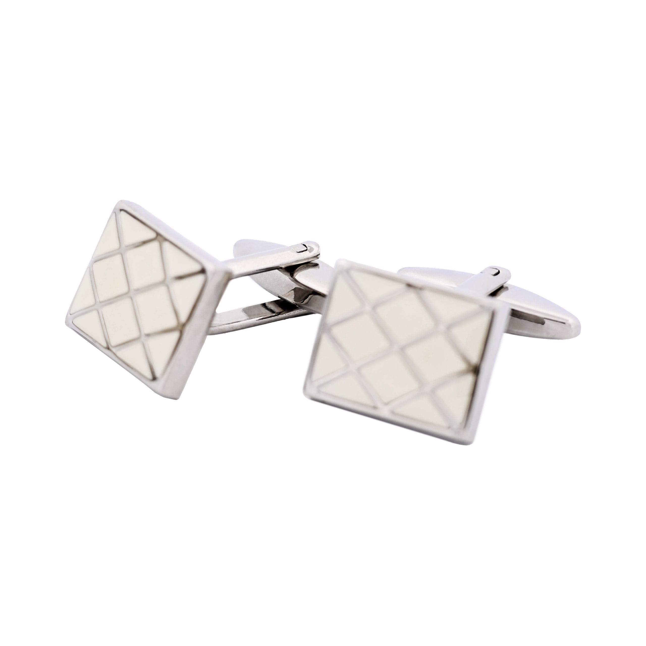 Polished Rhodium Plated Square Cufflinks with Criss Cross White Enamel Inlay