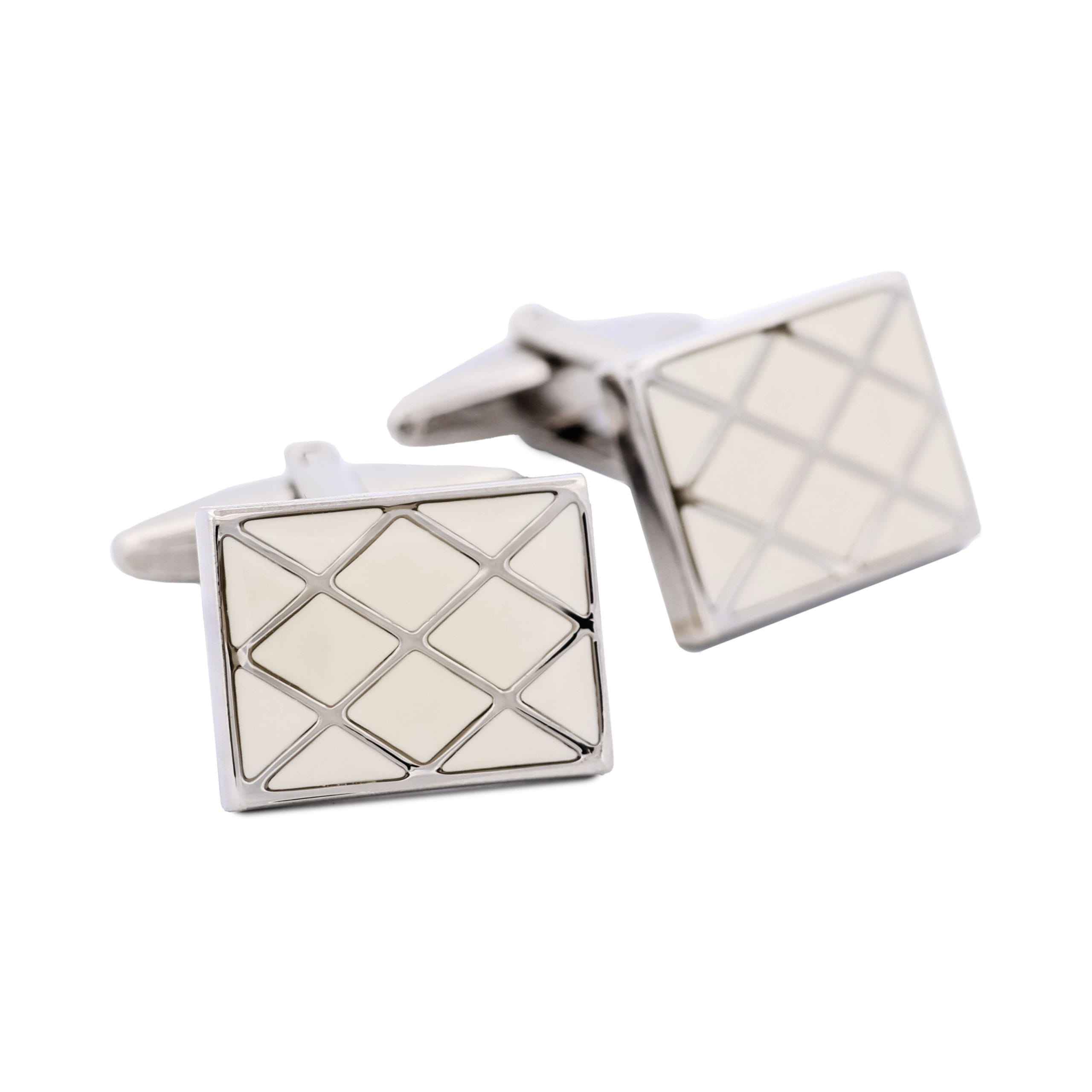 Polished Rhodium Plated Square Cufflinks with Criss Cross White Enamel Inlay