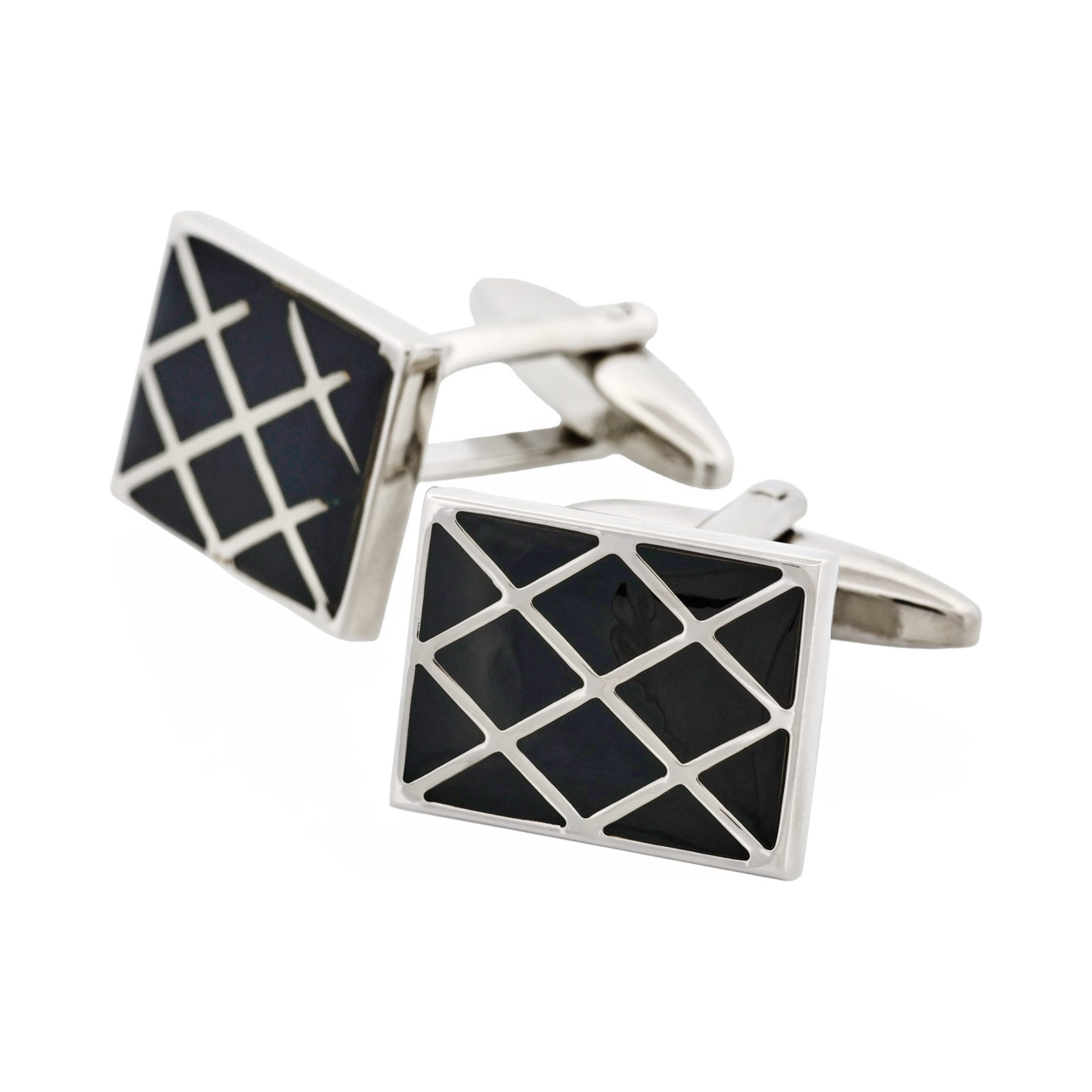 Polished Rhodium Plated Square Cufflinks with Criss Cross Black Enamel Inlay