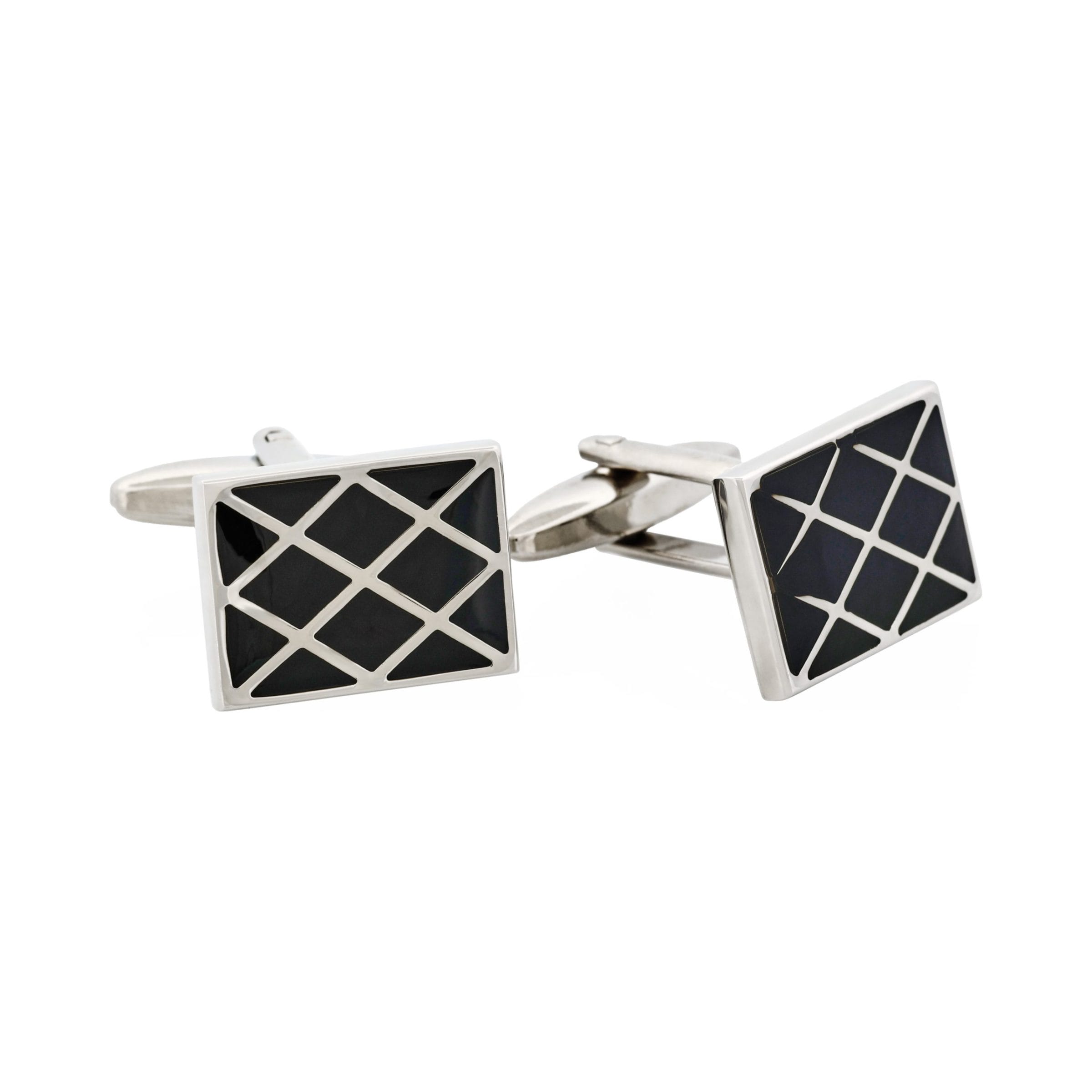 Polished Rhodium Plated Square Cufflinks with Criss Cross Black Enamel Inlay