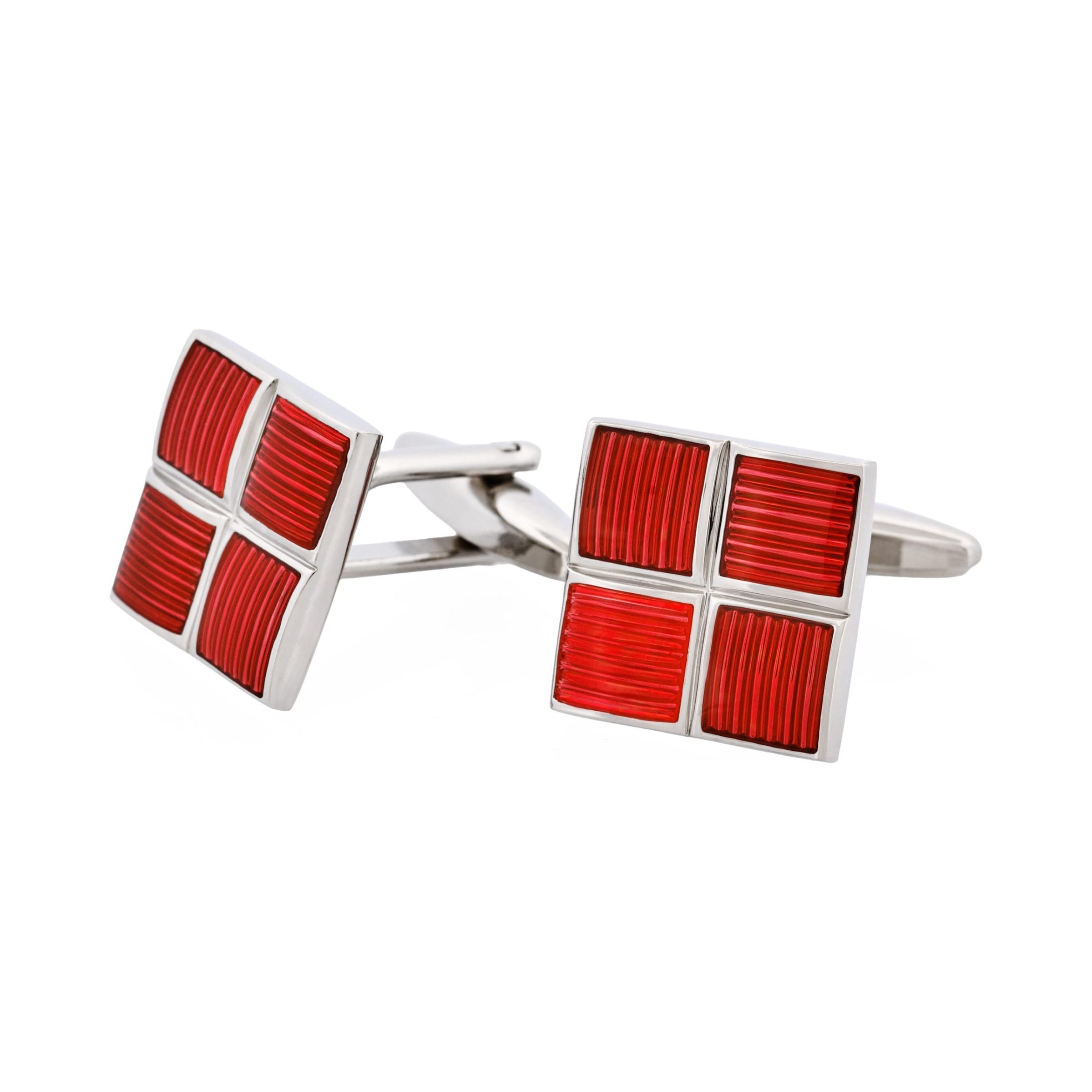 Polished Rhodium Plated Square Cufflinks with 4 Crimson Enamel Inlays