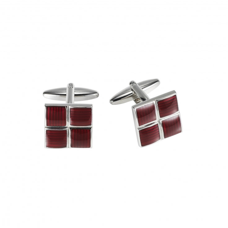 Polished Rhodium Plated Square Cufflinks with 4 Maroon Enamel Inlays
