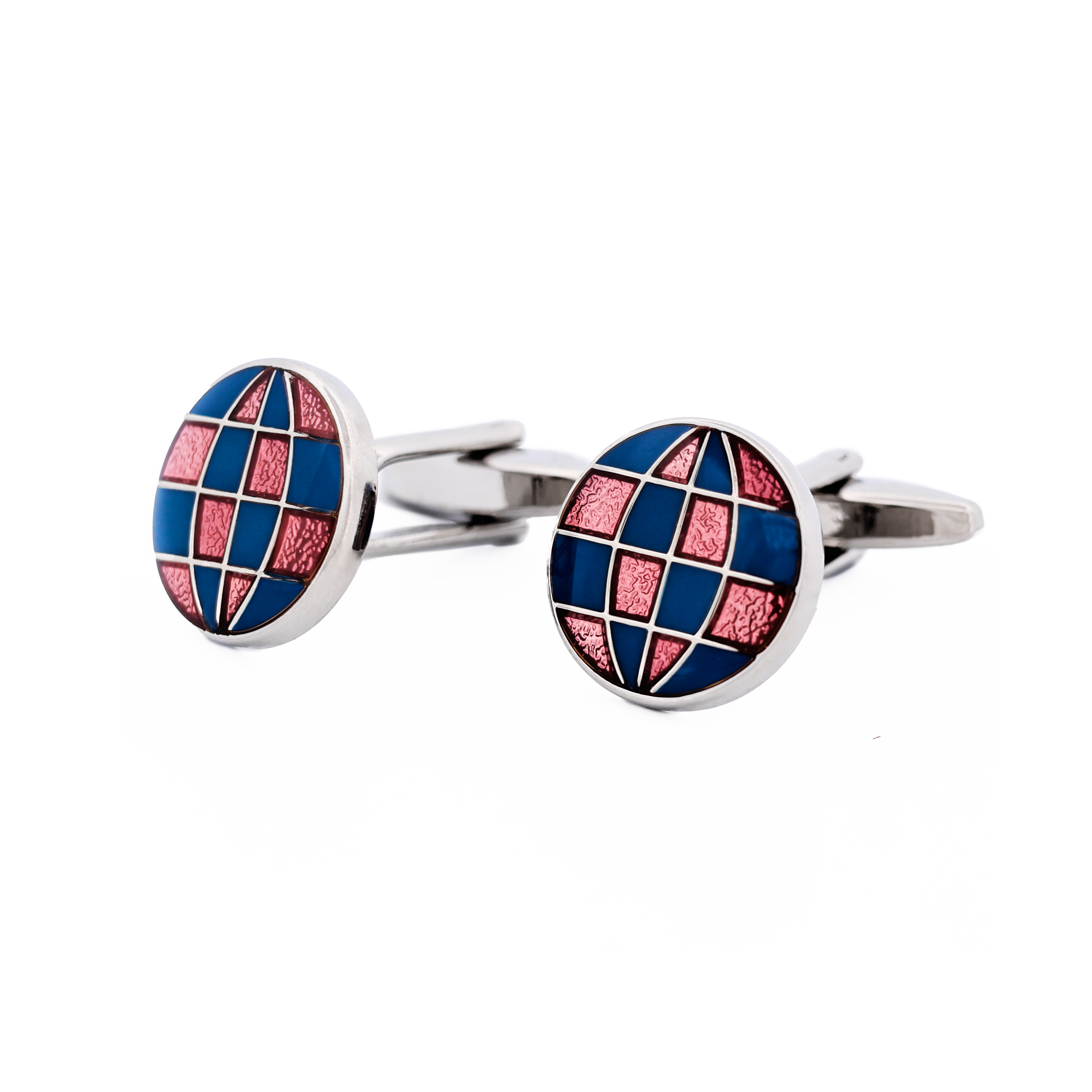 Polished Rhodium Plated Round Cufflinks with Blue & Red Enamel Checked Inlay