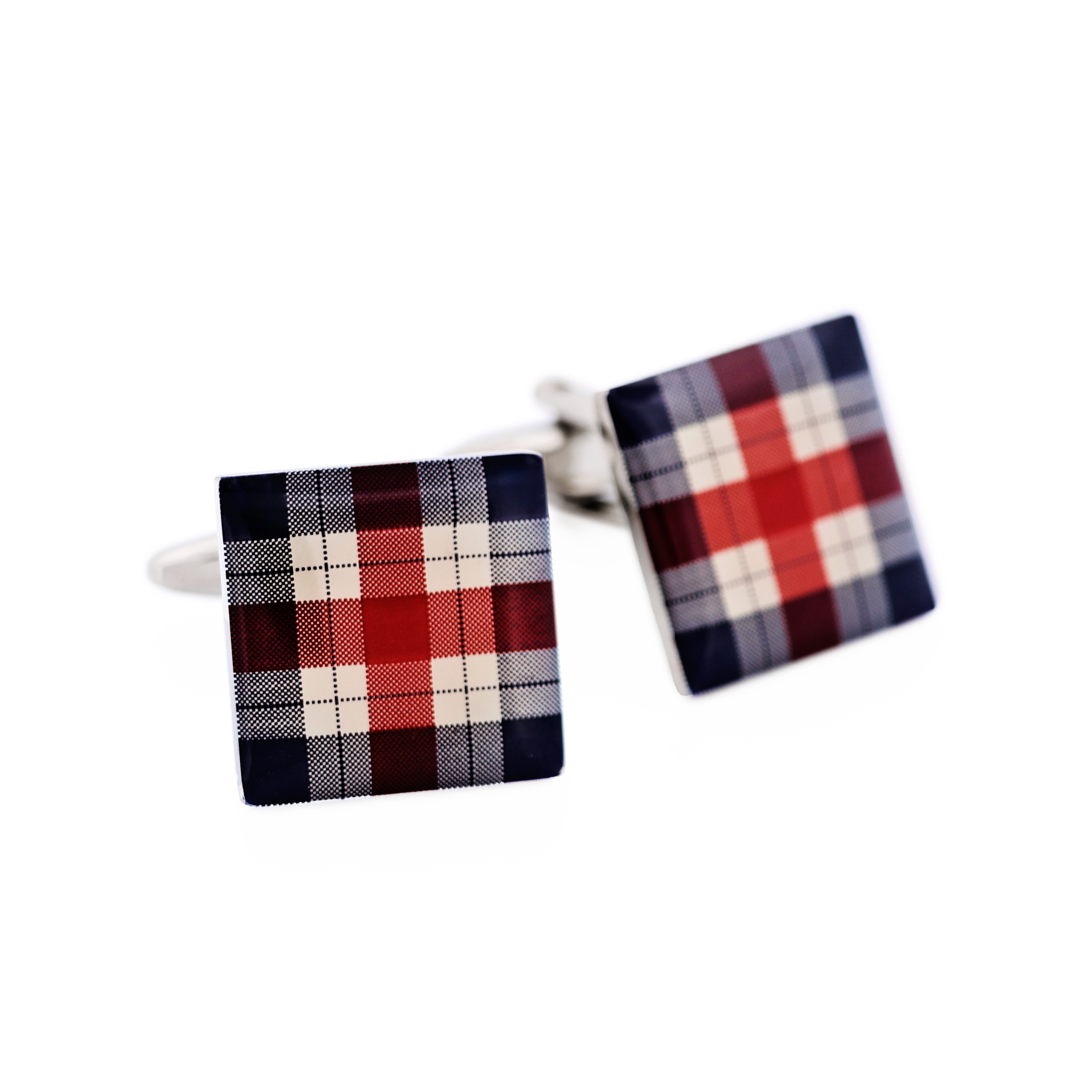 Polished Rhodium Plated Square Cufflinks with Red White & Blue Tartan Pattern Enamel