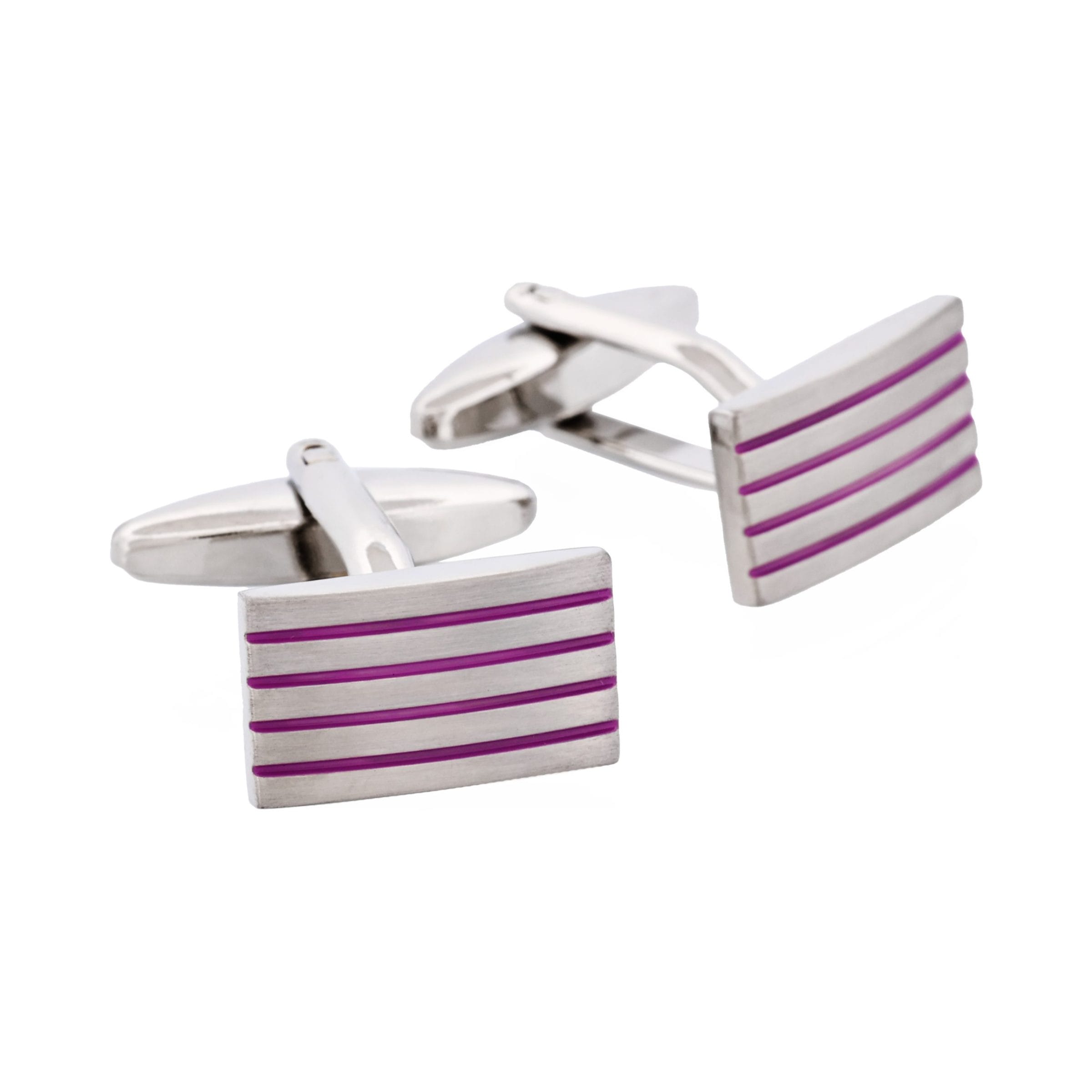 Brushed Rhodium Plated Rectangle Cufflinks with Fuchsia Striped Enamel Inlays