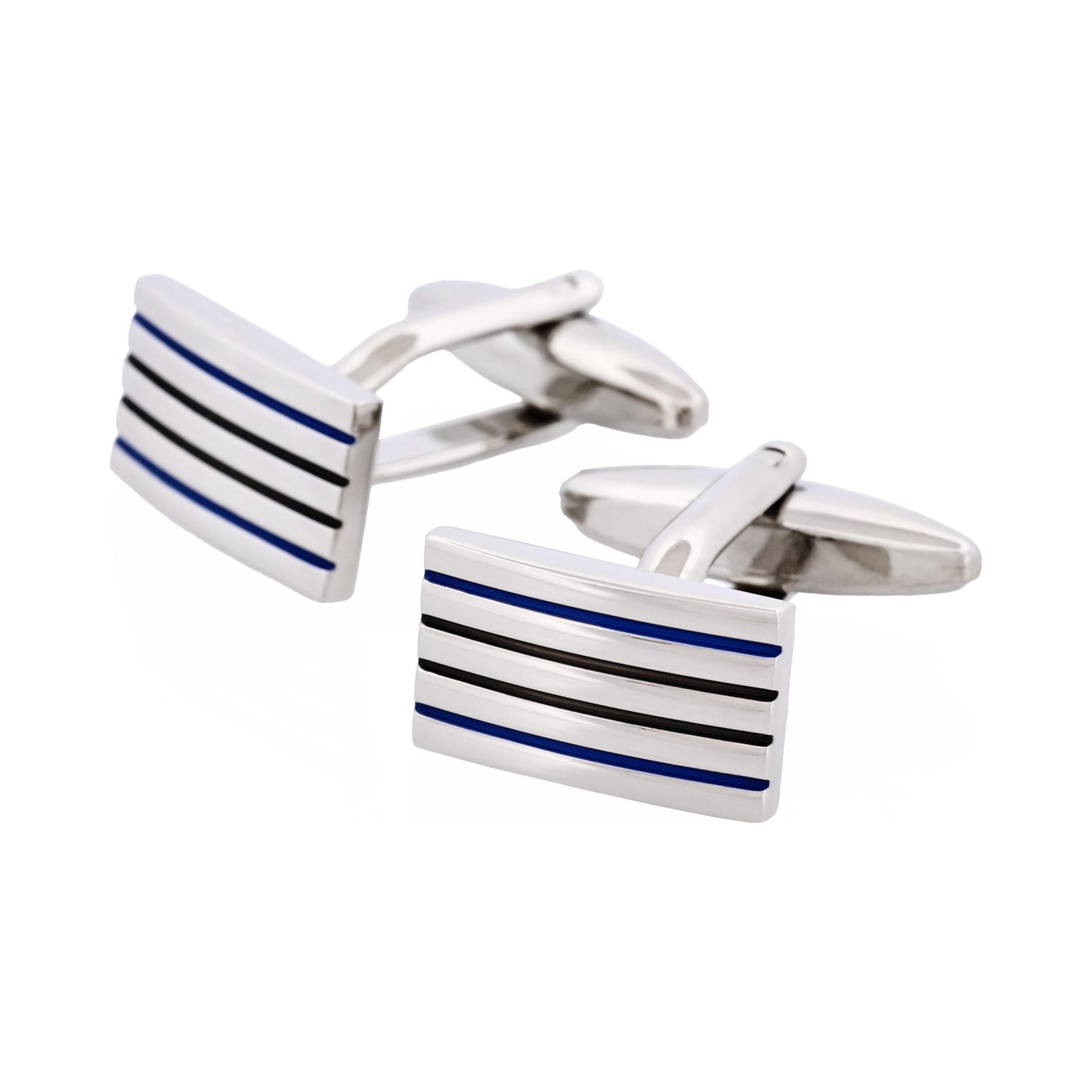 Polished Rhodium Plated Rectangle Cufflinks with Black & Blue Striped Enamel Inlays