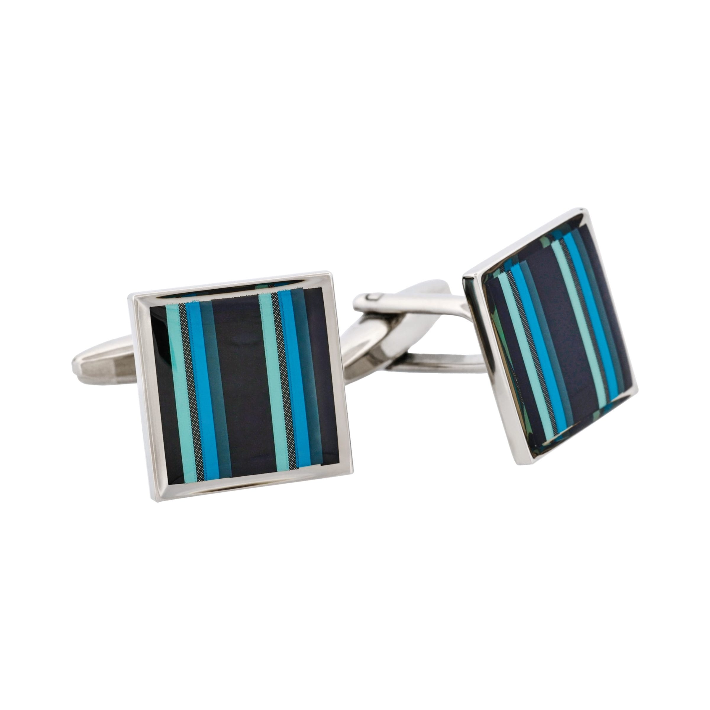 Polished Rhodium Plated Square Cufflinks with Black Grey Mint & Azure Striped Enamel