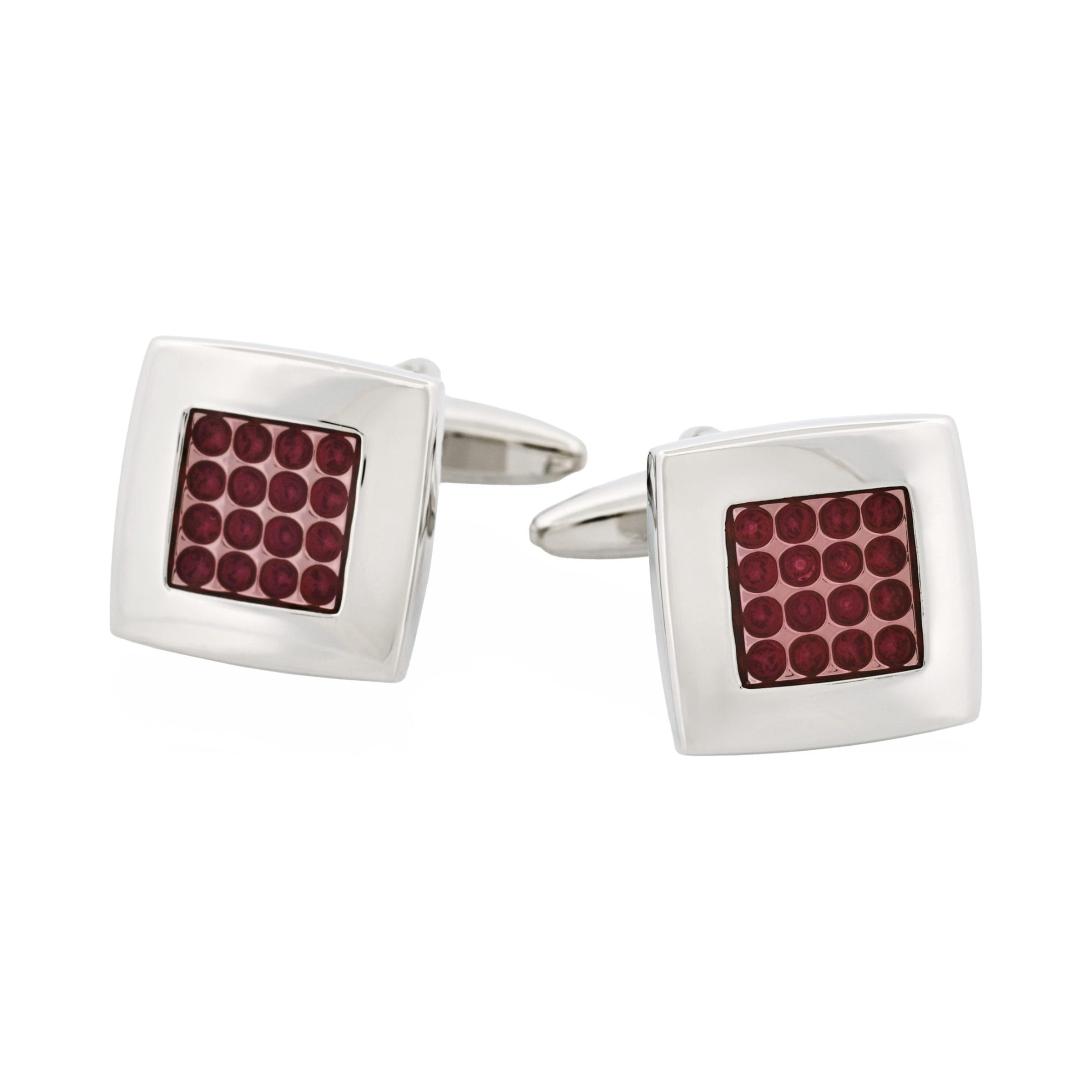 Polished Rhodium Plated Square Cufflinks with Cerise Enamel Centre Inlay
