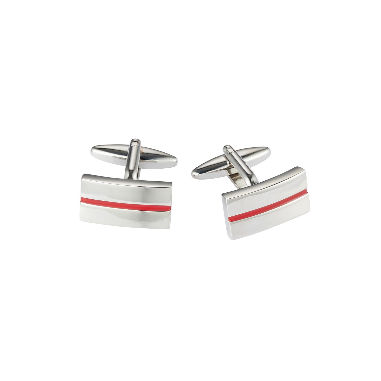 Brushed Rhodium Plated Rectangle Cufflinks with Red Centre Striped Enamel Inlay