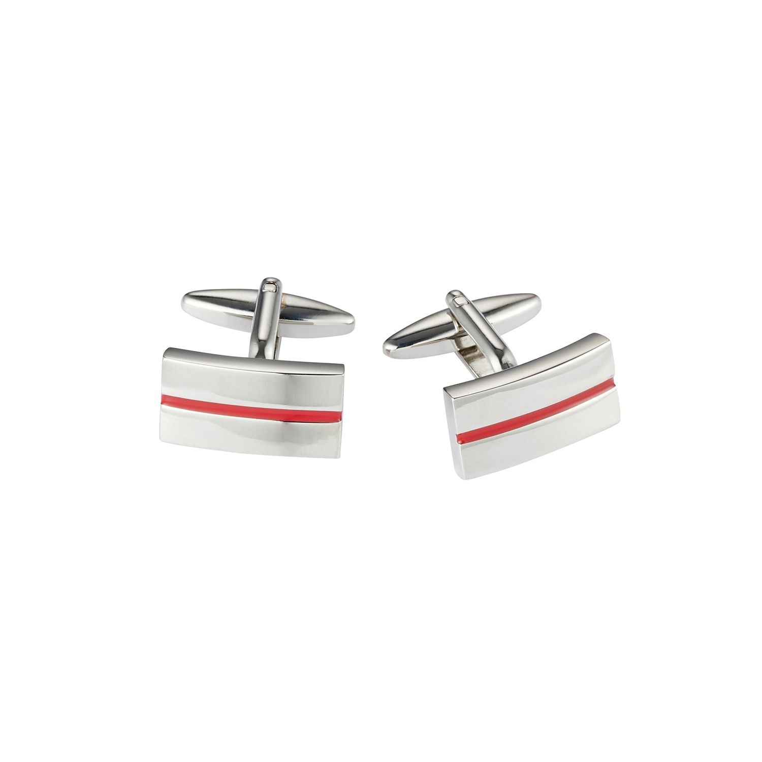 Brushed Rhodium Plated Rectangle Cufflinks with Red Centre Striped Enamel Inlay
