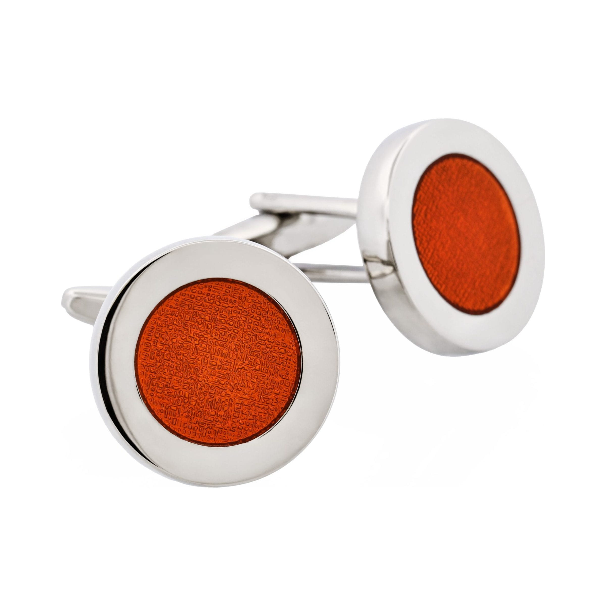 Polished Rhodium Plated Round Cufflinks with Orange Enamel Inlay