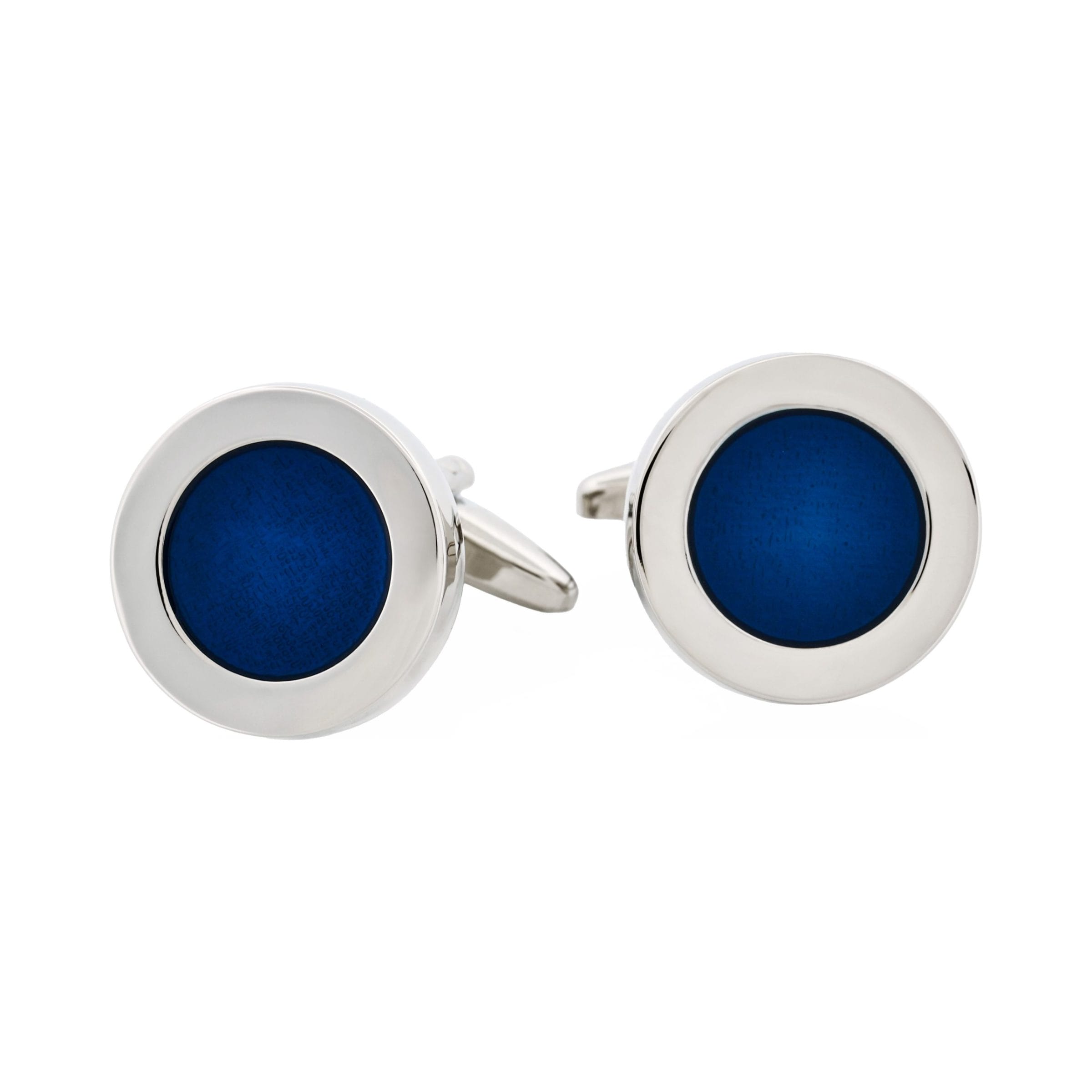 Polished Rhodium Plated Round Cufflinks with Dark Blue Enamel Inlay