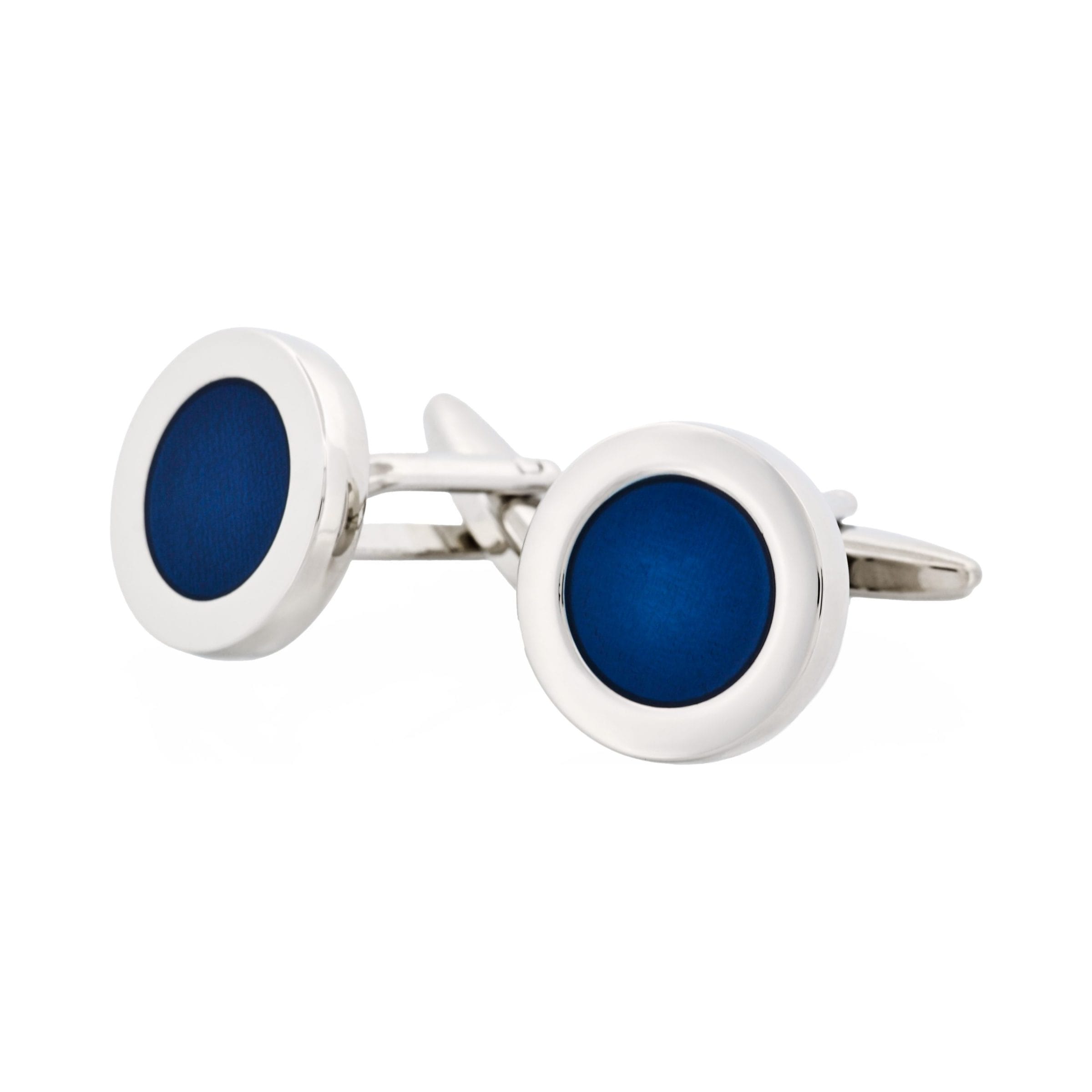 Polished Rhodium Plated Round Cufflinks with Dark Blue Enamel Inlay