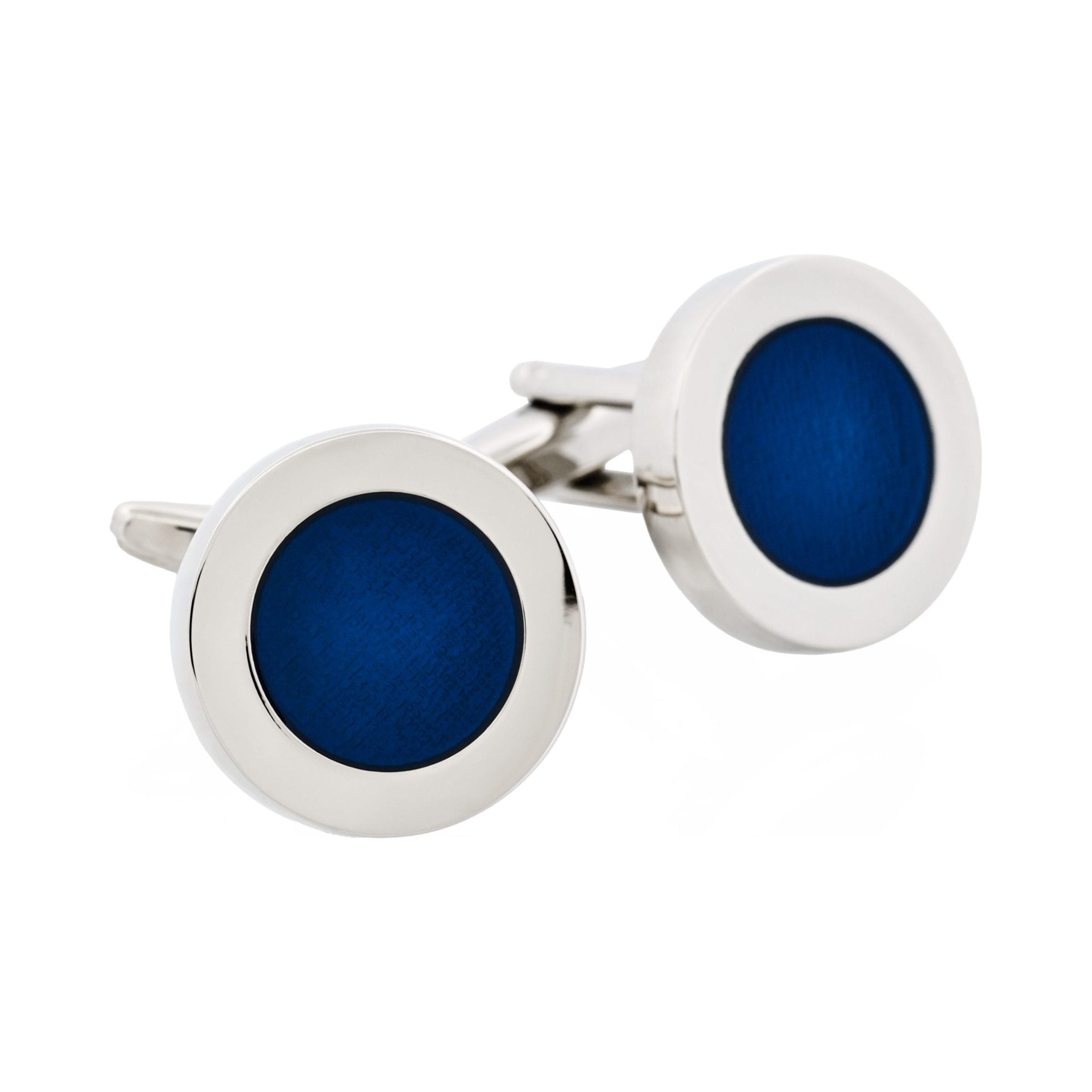 Polished Rhodium Plated Round Cufflinks with Dark Blue Enamel Inlay