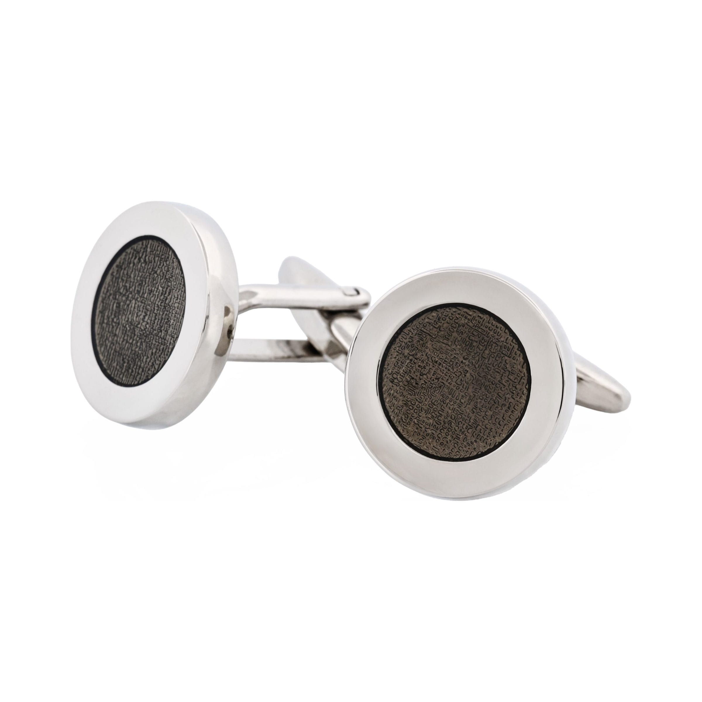 Polished Rhodium Plated Round Cufflinks with Dark Grey Enamel Inlay