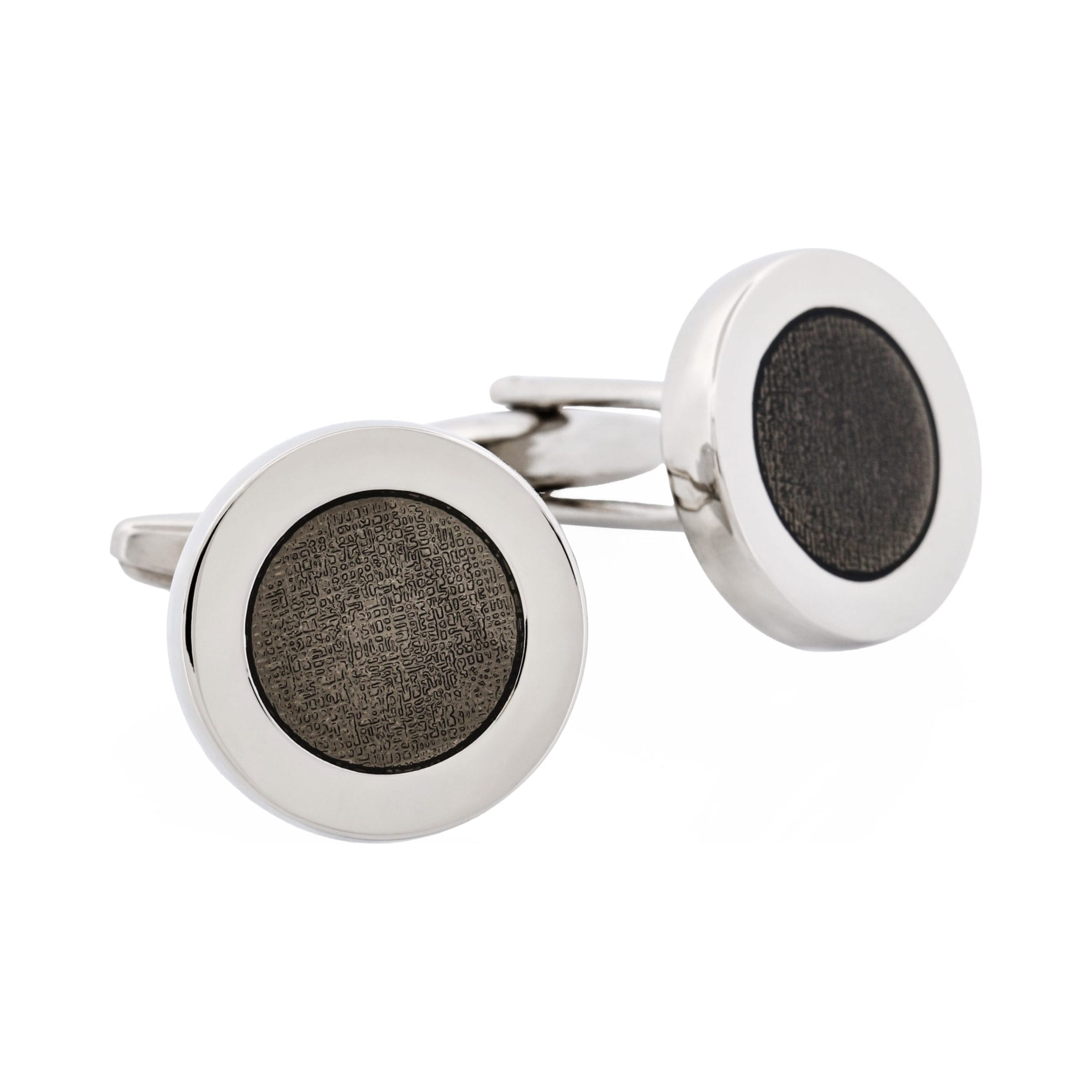 Polished Rhodium Plated Round Cufflinks with Dark Grey Enamel Inlay