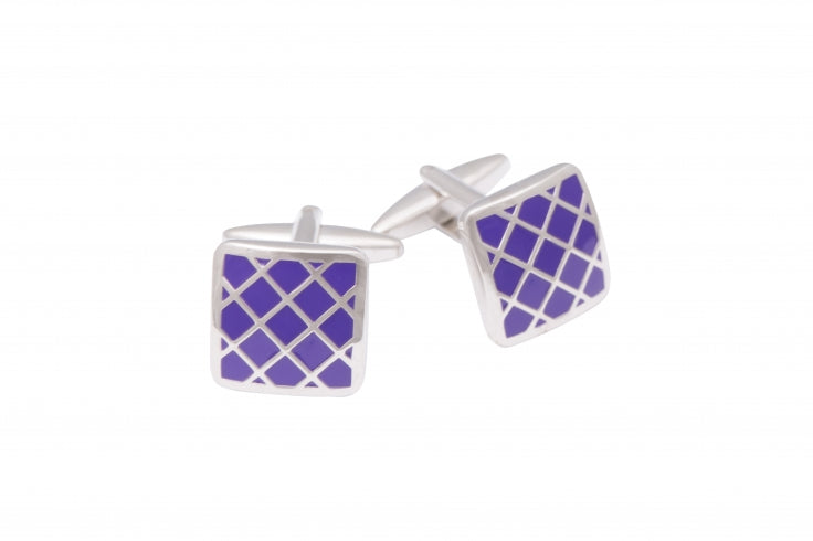 Rhodium Plated Purple Enamel Cross Pattern Cufflinks