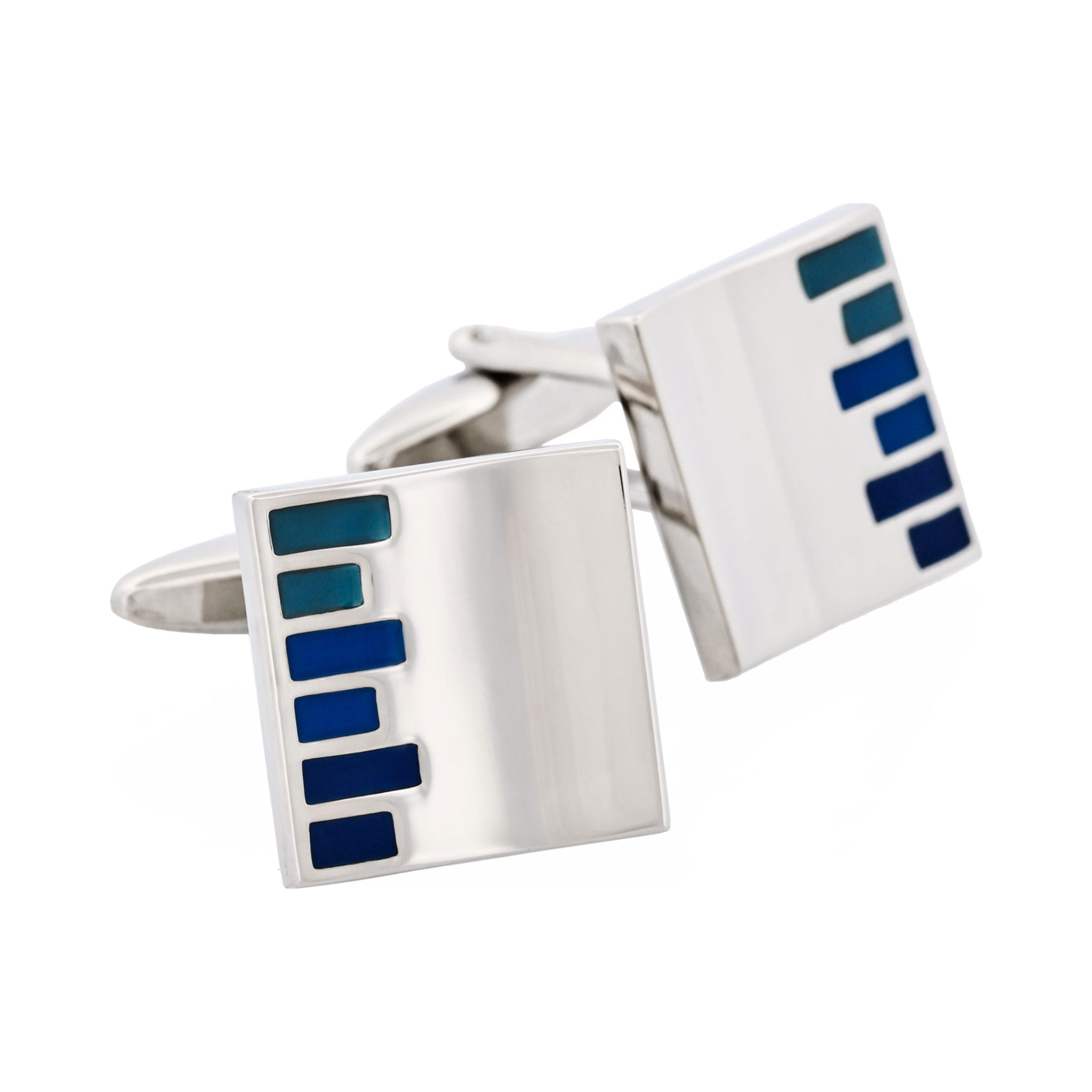Polished Rhodium Plated Square Cufflinks with Pale & Dark Blue Bars Enamel Inlay