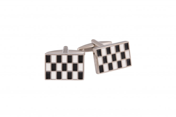 Black & White Enamel Check Rhodium Plated Cufflinks