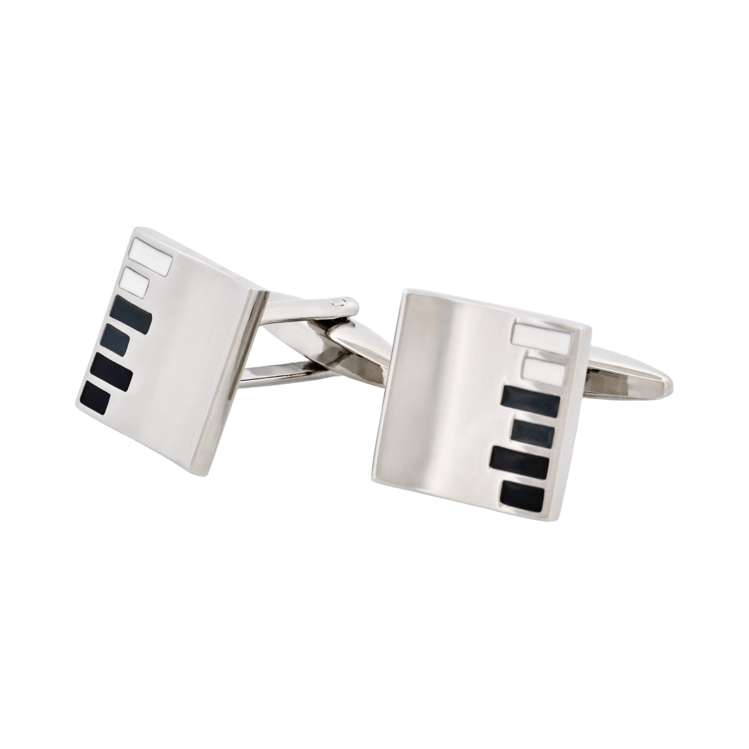 Black White Grey Bar Pattern Rhodium Plated Square Cufflinks