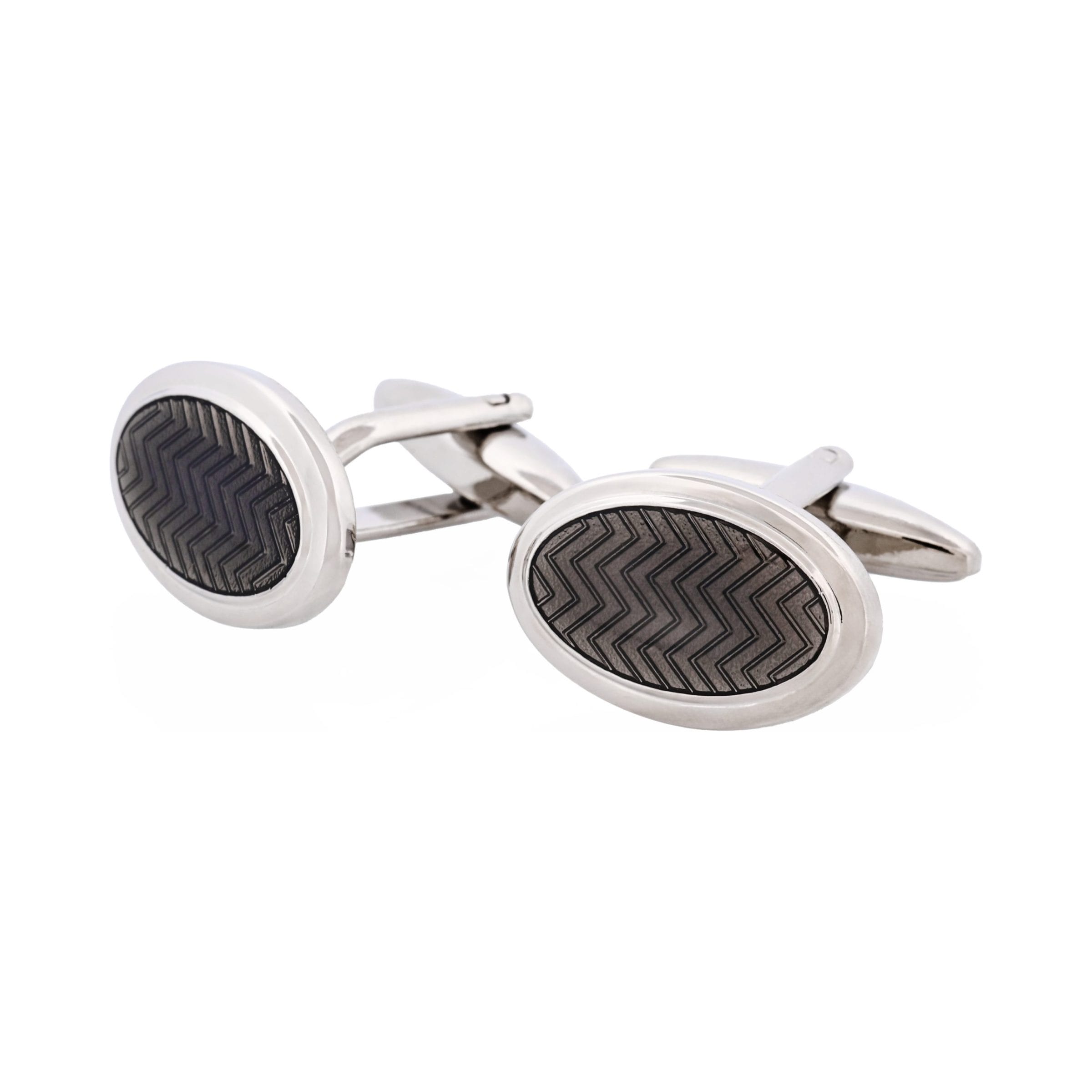 Herringbone Charcoal Enamel on Rhodium Plated Oval Cufflinks