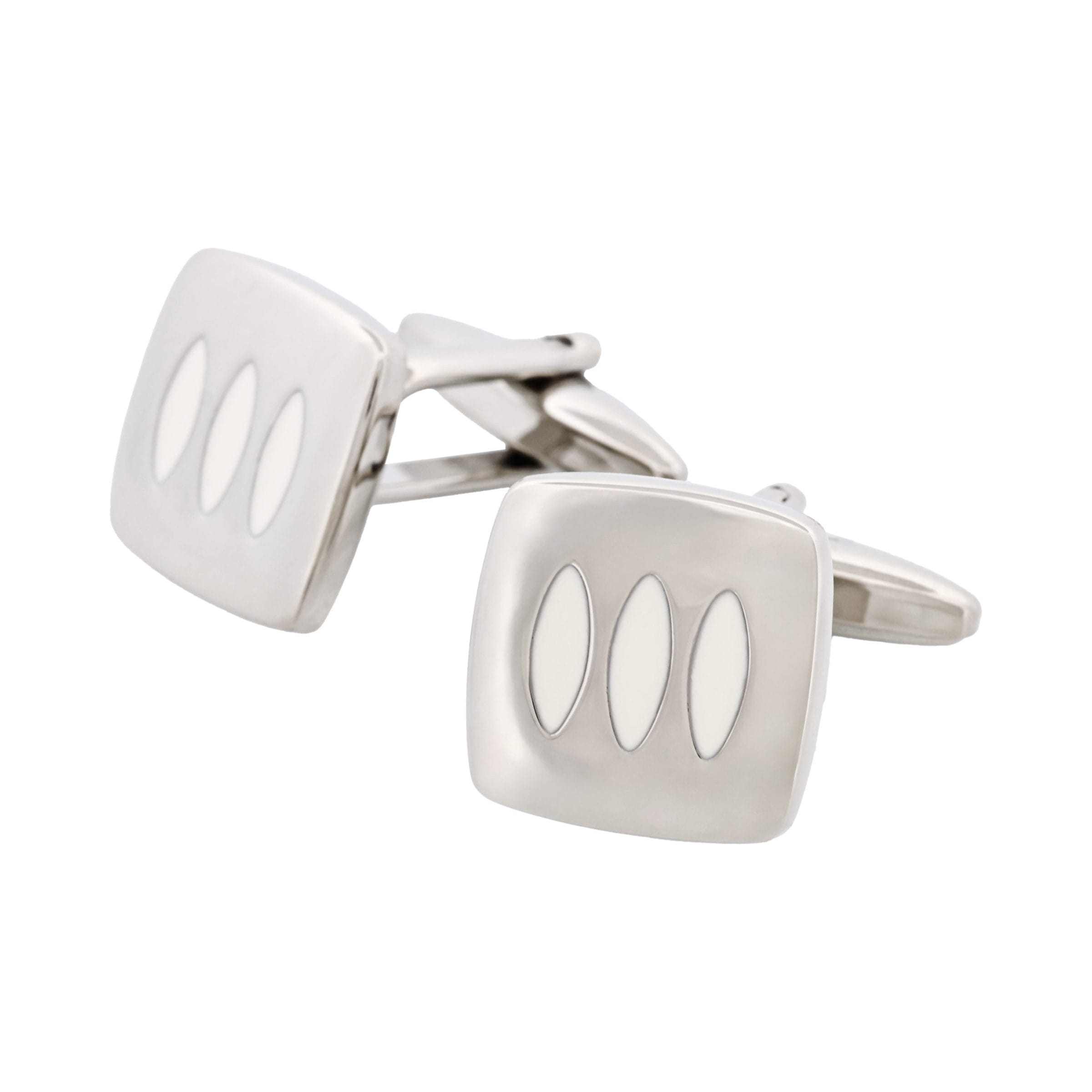 Triple White Enamel Inlays on Rhodium Plated Cushion-Shape Cufflinks