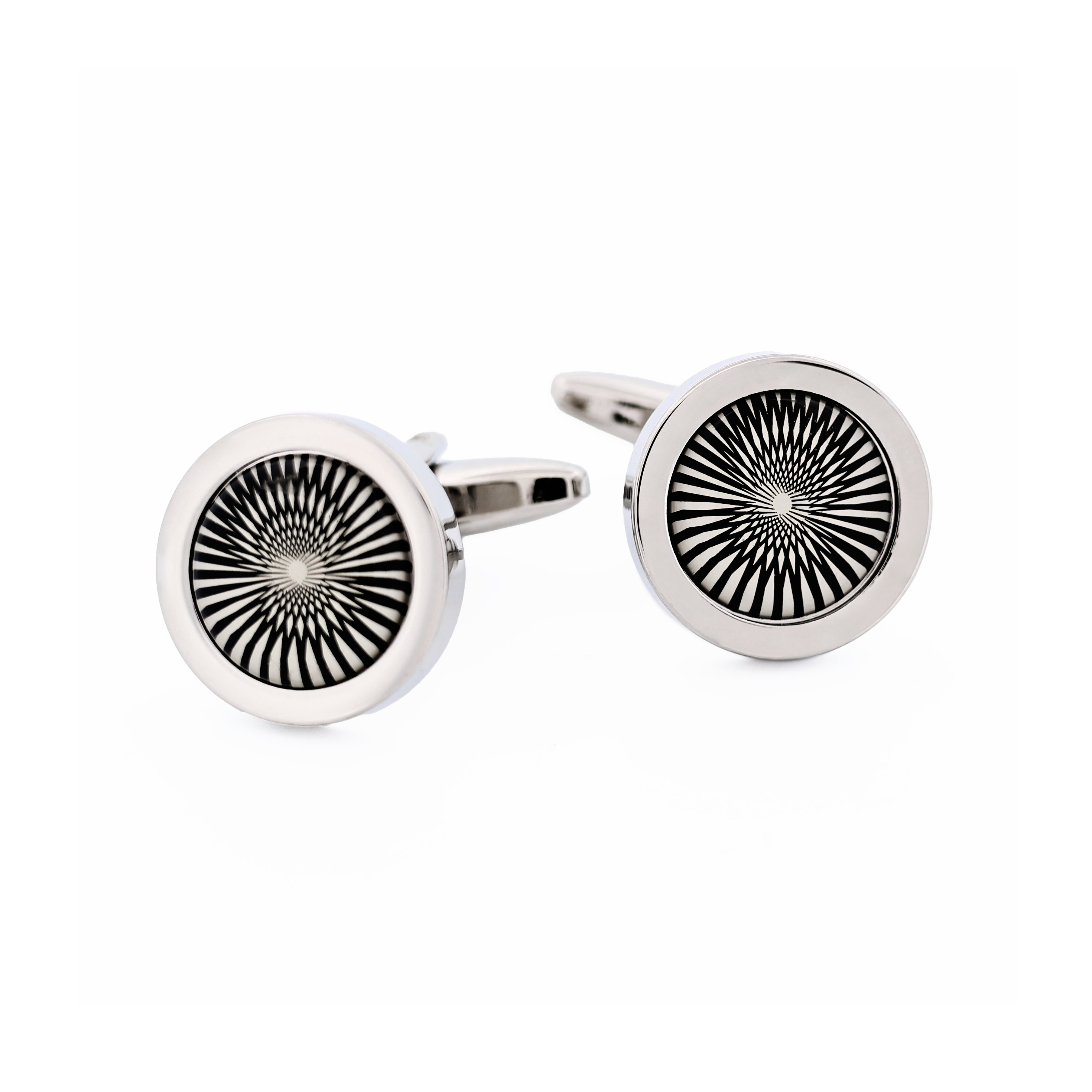Rhodium Plated Round Cufflinks with Black & White Swirling Inlay