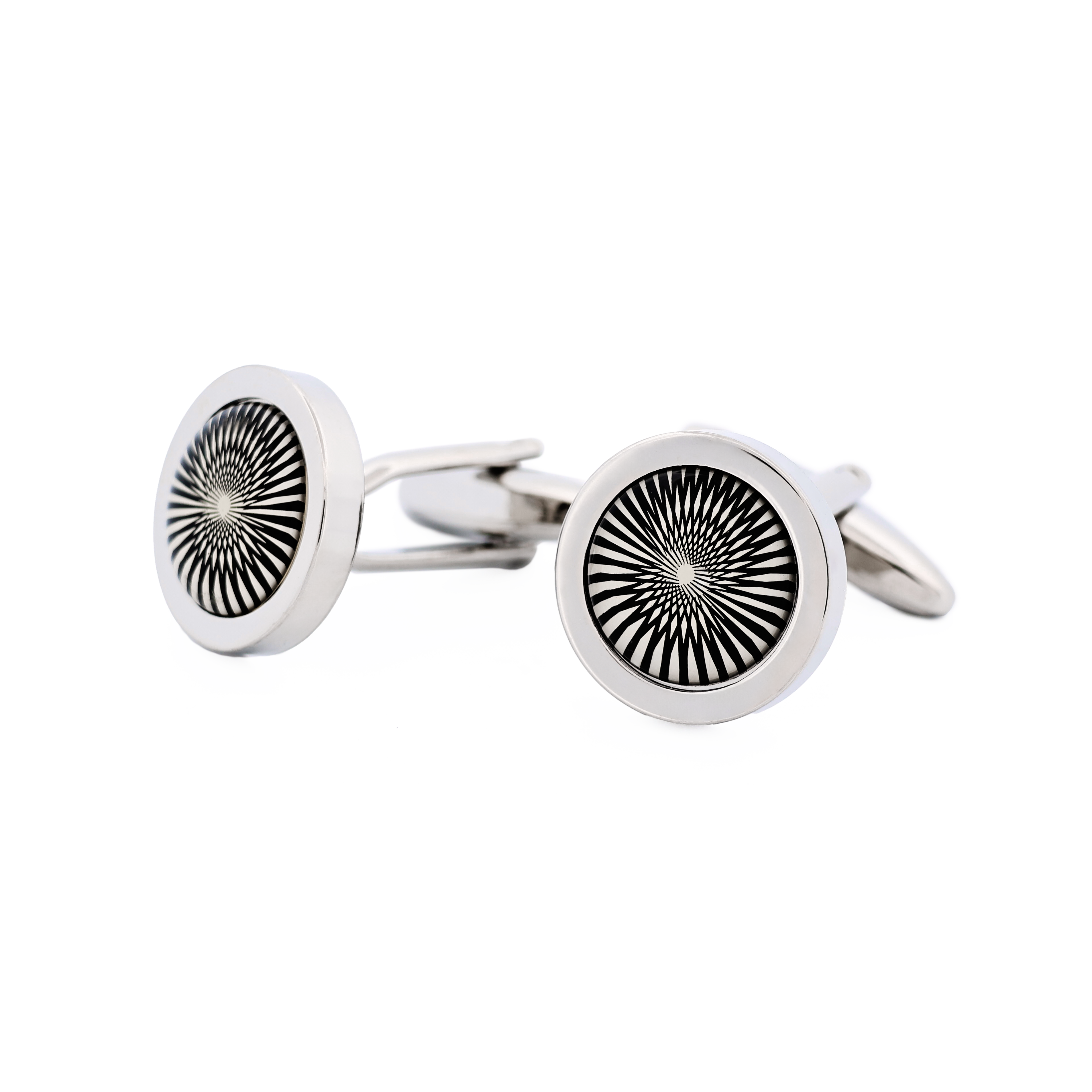 Rhodium Plated Round Cufflinks with Black & White Swirling Inlay