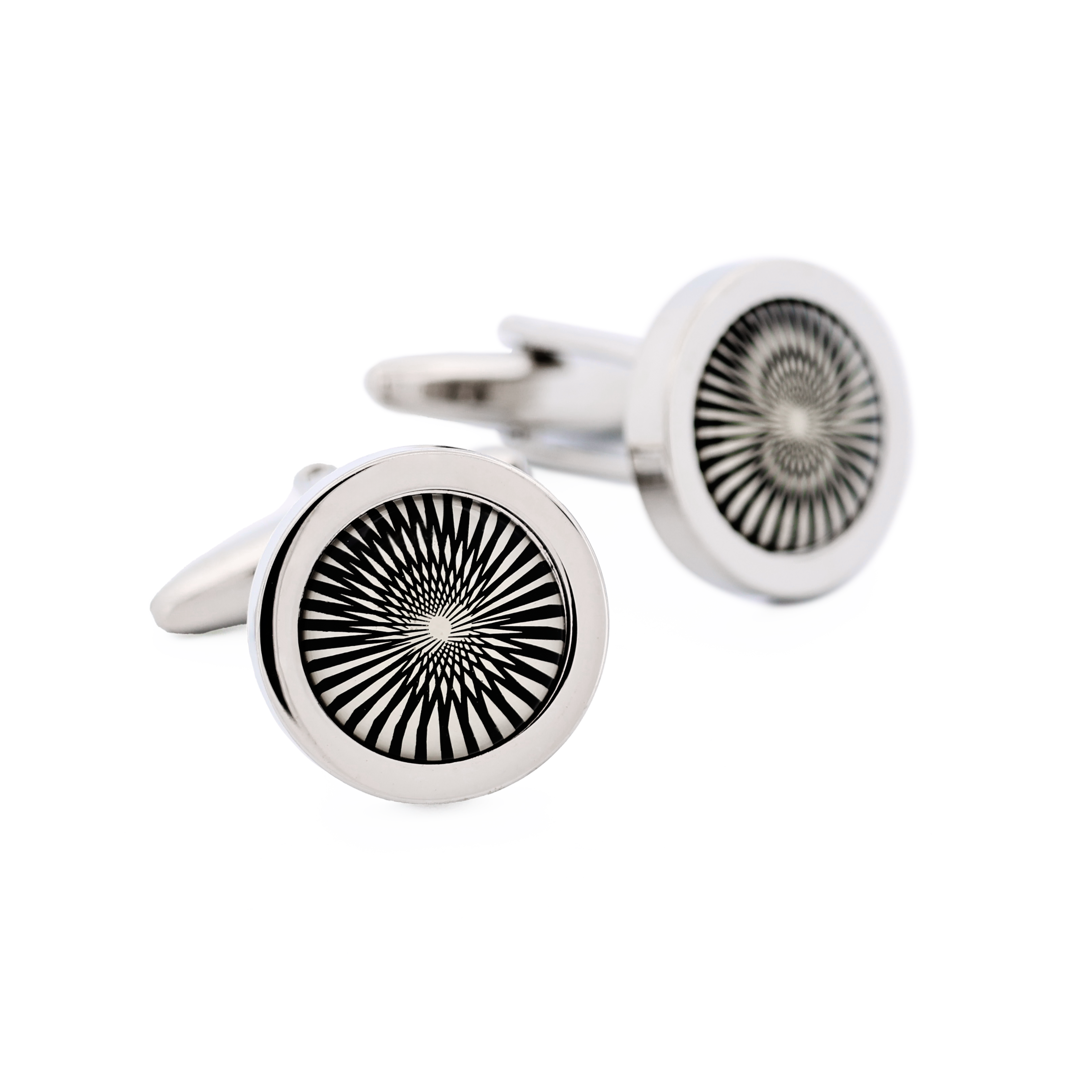 Rhodium Plated Round Cufflinks with Black & White Swirling Inlay