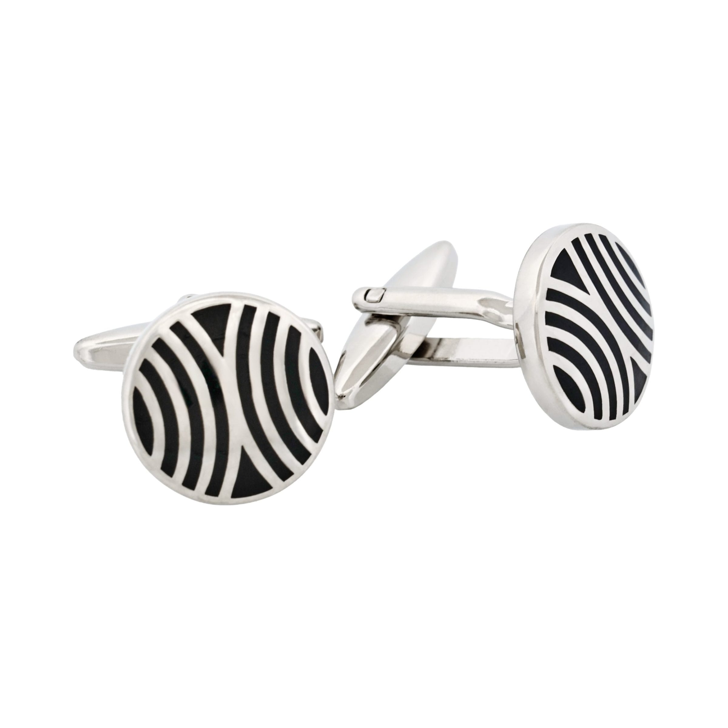 Rhodium Plated Round Cufflinks with Swirling Black Enamel