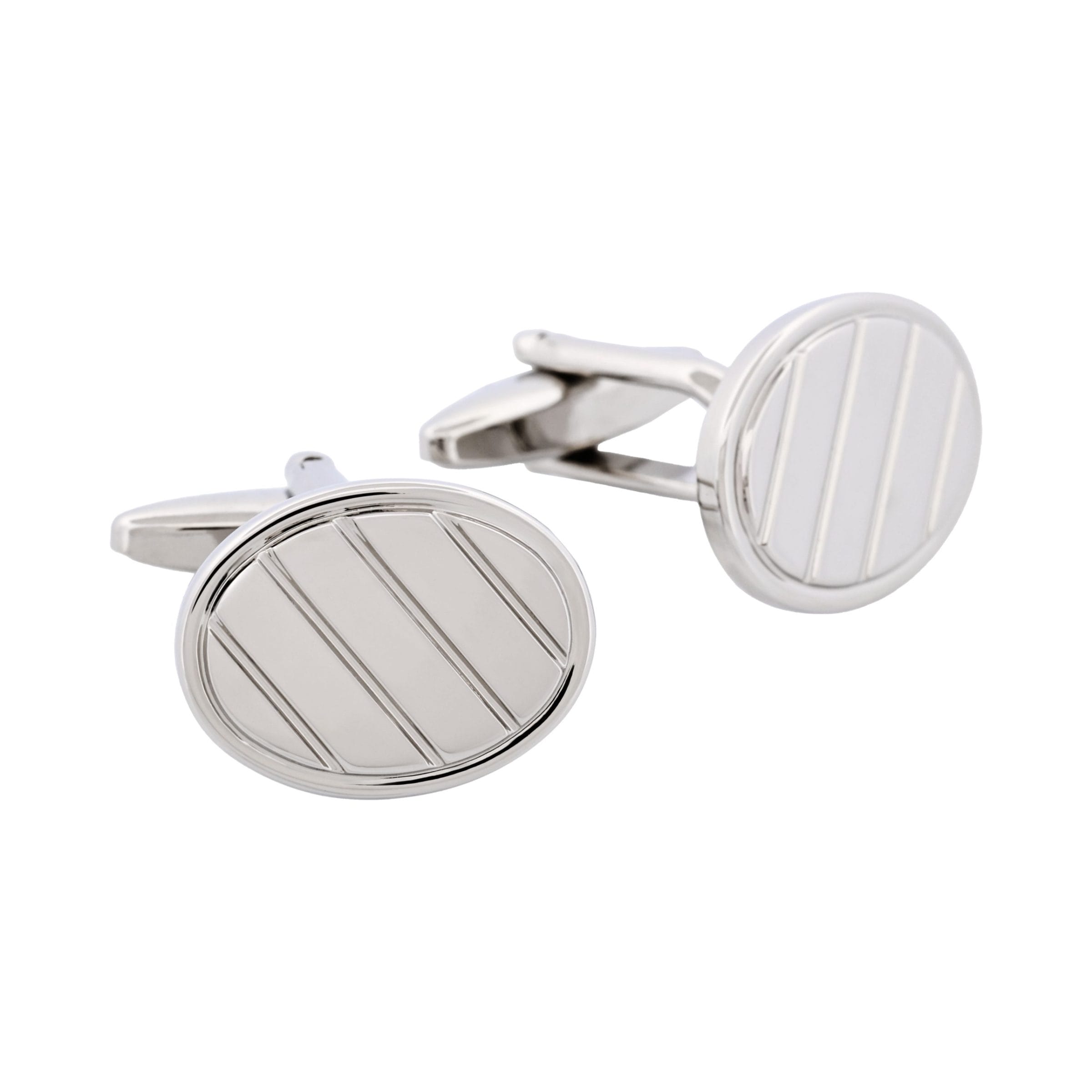 Rhodium Plated Oval Brushed Striped Cufflinks