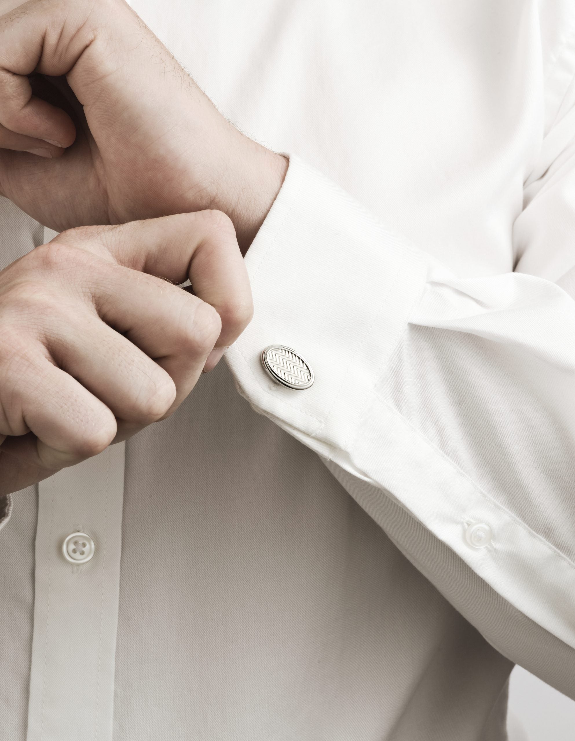 Rhodium Plated Oval Herringbone Patterned Cufflinks