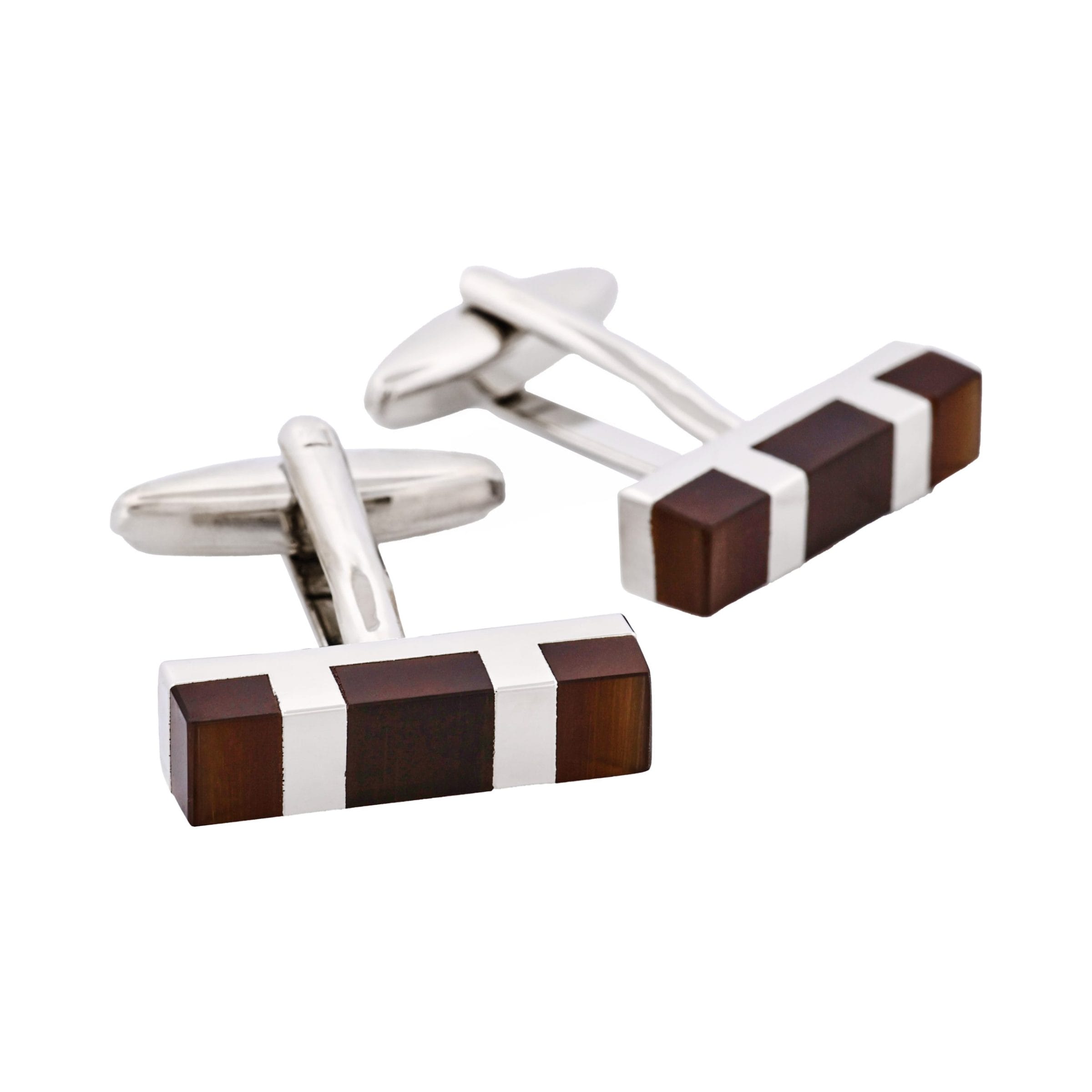 Rhodium Plated Brown Cat's Eye Rectangle Cufflinks