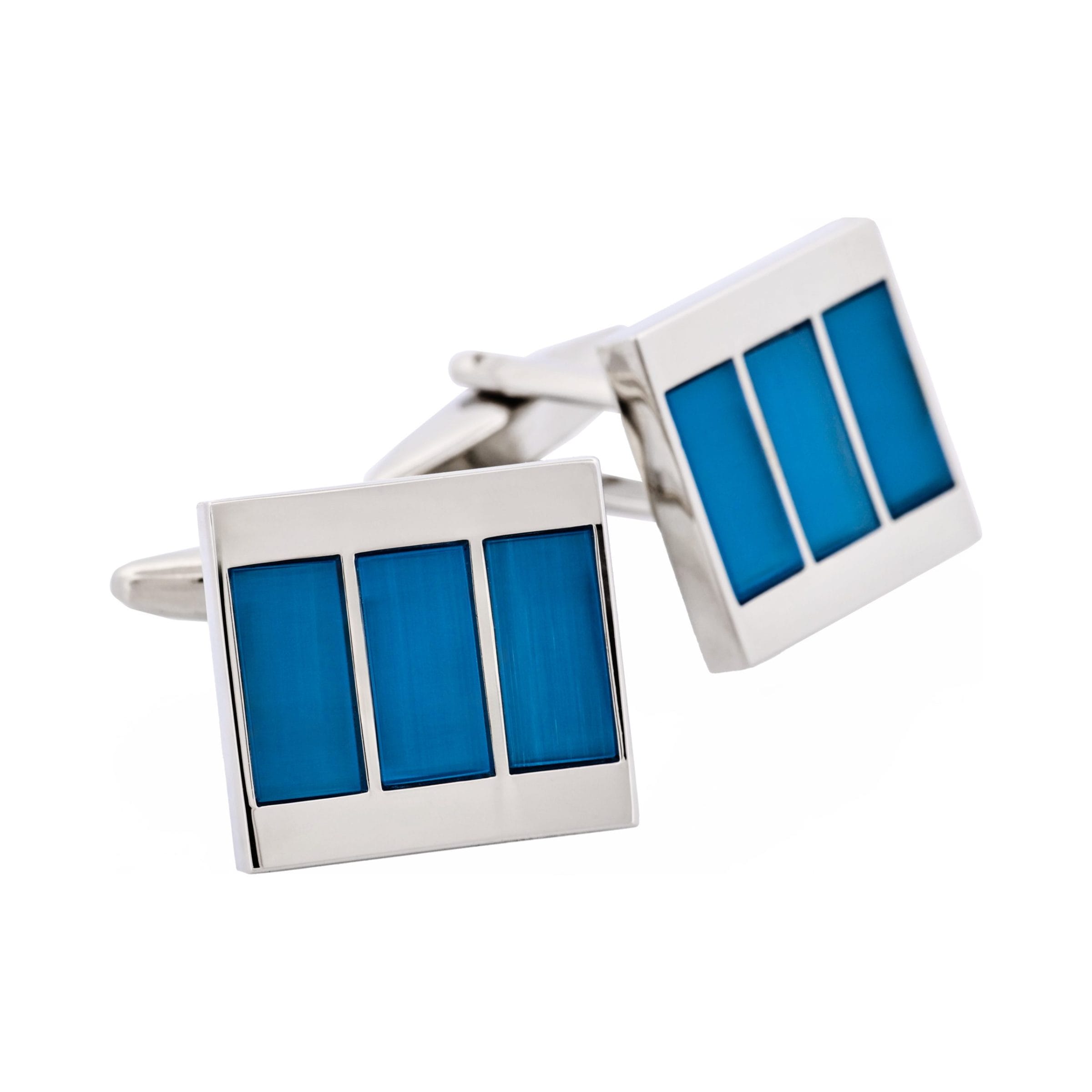Rhodium Plated Aqua Cat's Eye Stripe Cufflinks