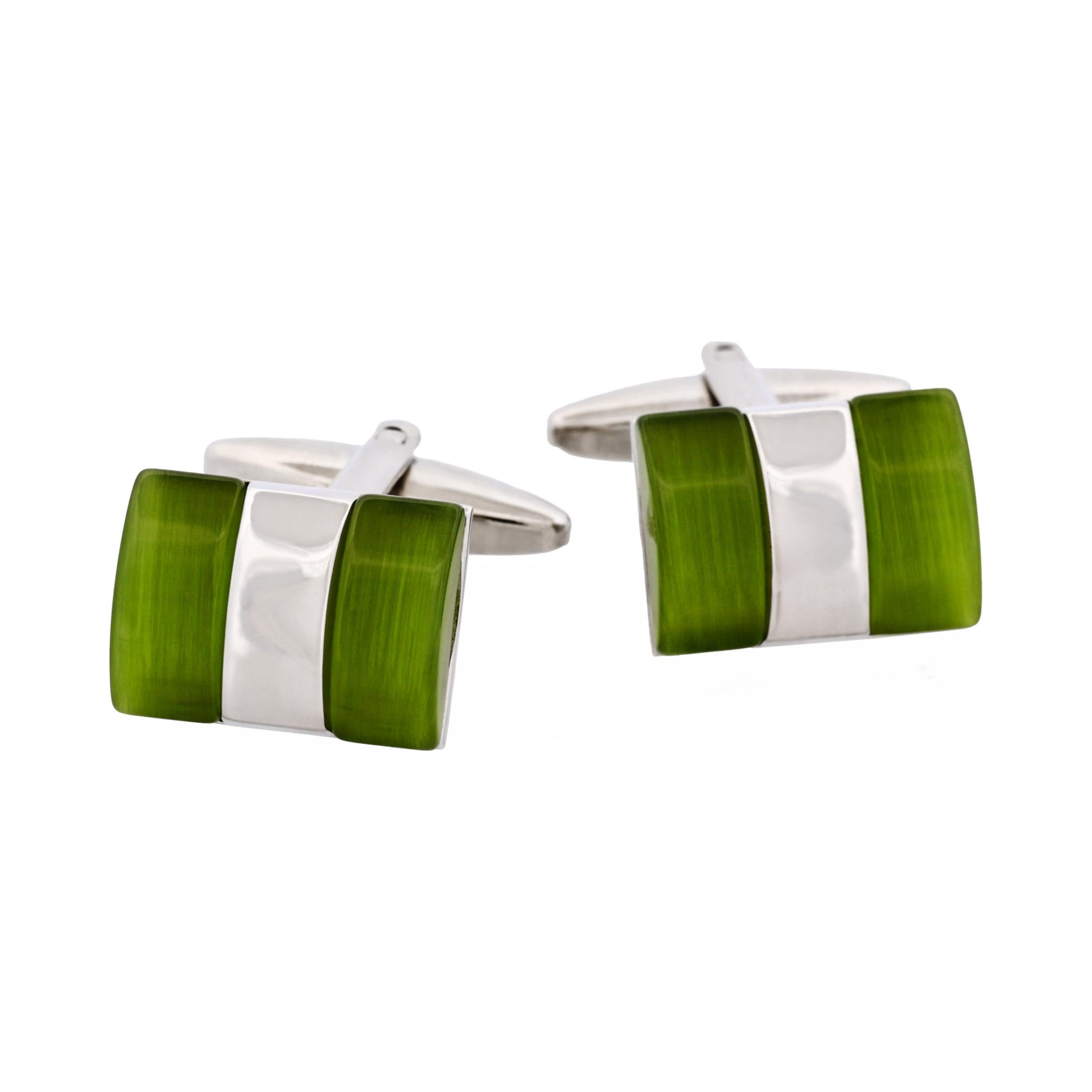 Rhodium Plated Apple Green Cat's Eye Cufflinks