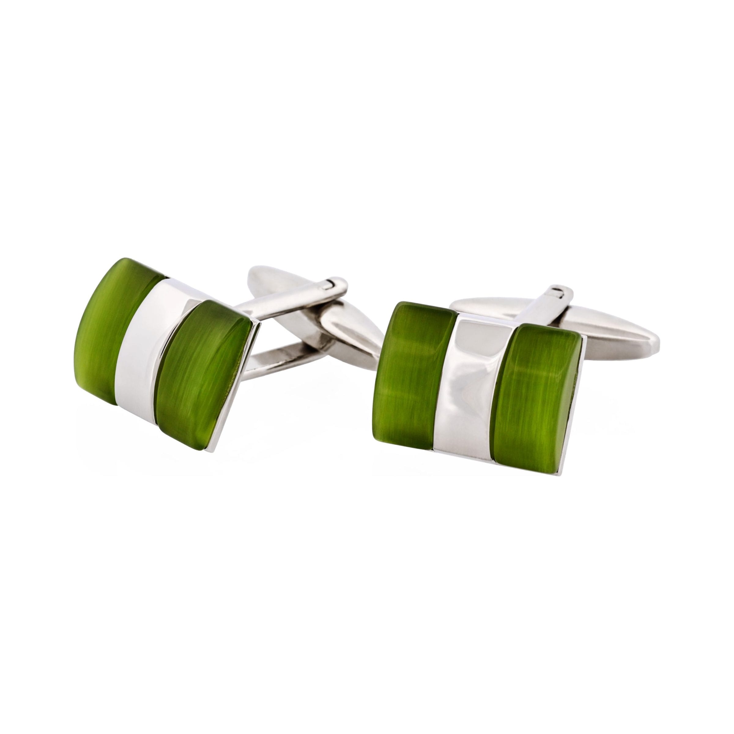 Rhodium Plated Apple Green Cat's Eye Cufflinks