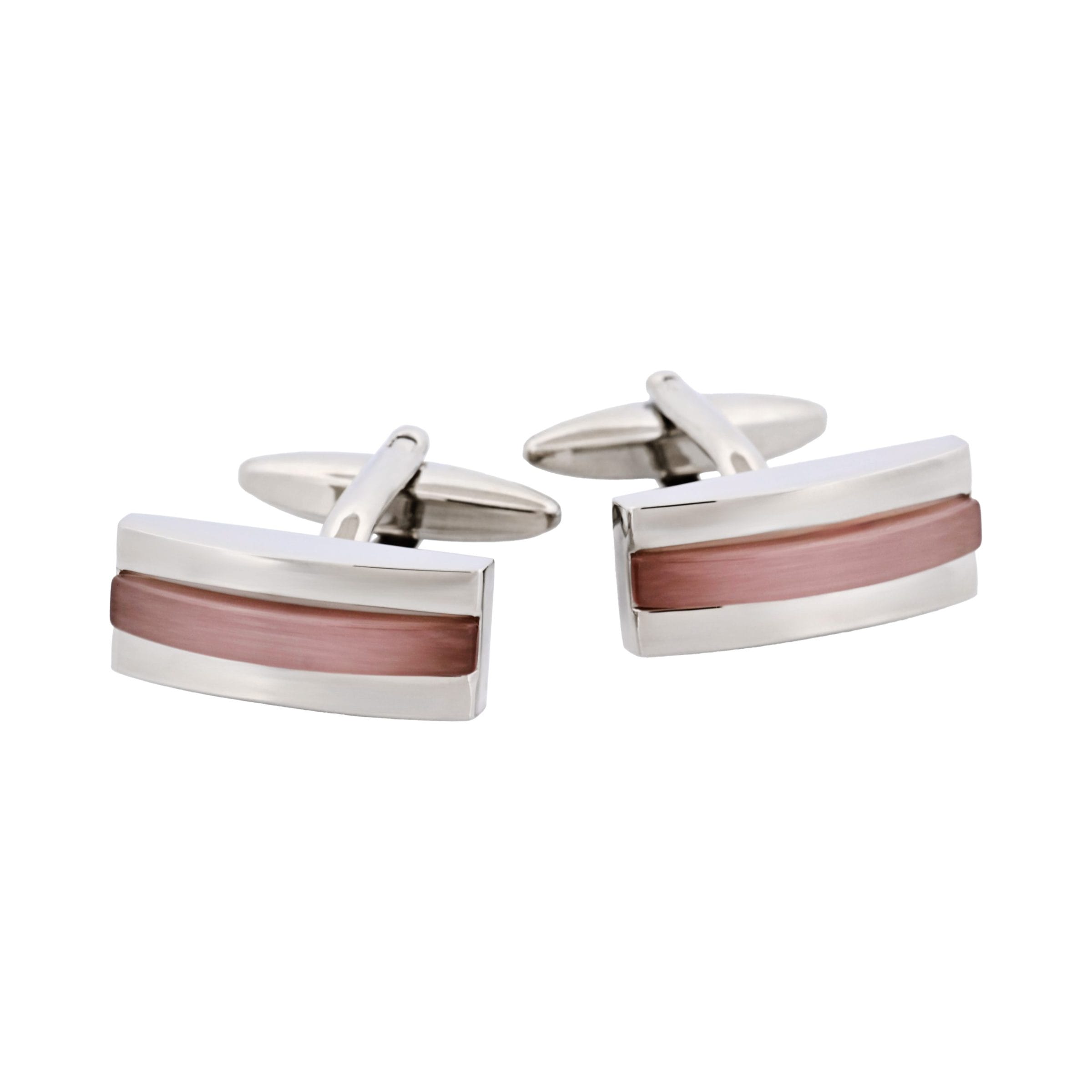 Polished Rhodium Plated Bar Cufflinks with Lilac Cat's Eye Inlay