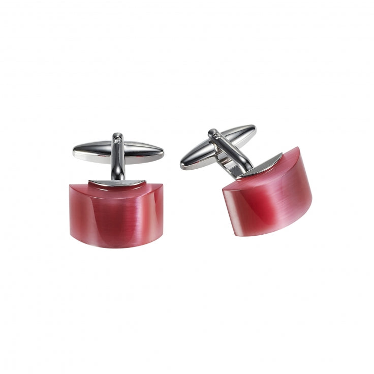 Polished Rhodium Plated Cufflinks with Hot Pink Curved Face Cat's Eye