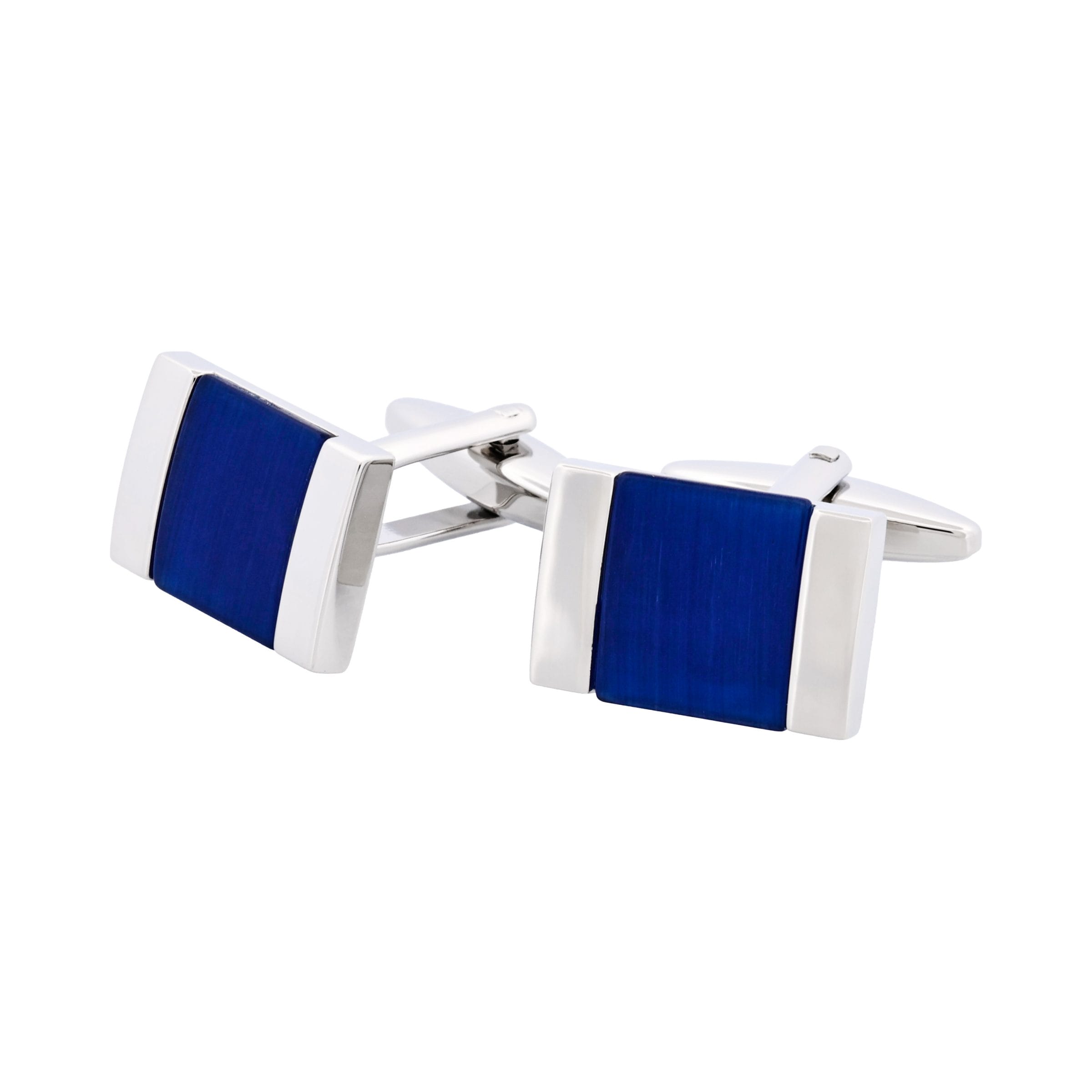 Rhodium Plated Dark Blue Cat's Eye Square Cufflinks