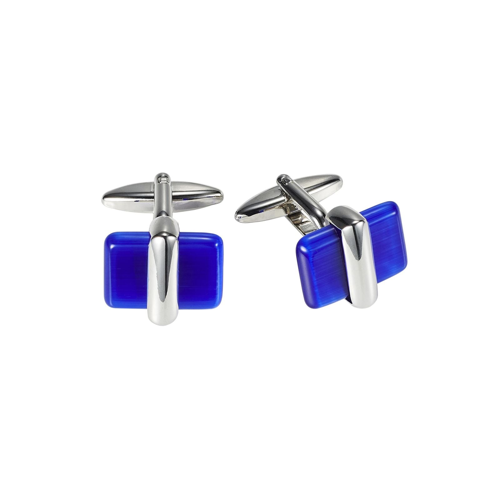 Polished Rhodium Plated Metal & Azure Blue Cat's Eye Cufflinks
