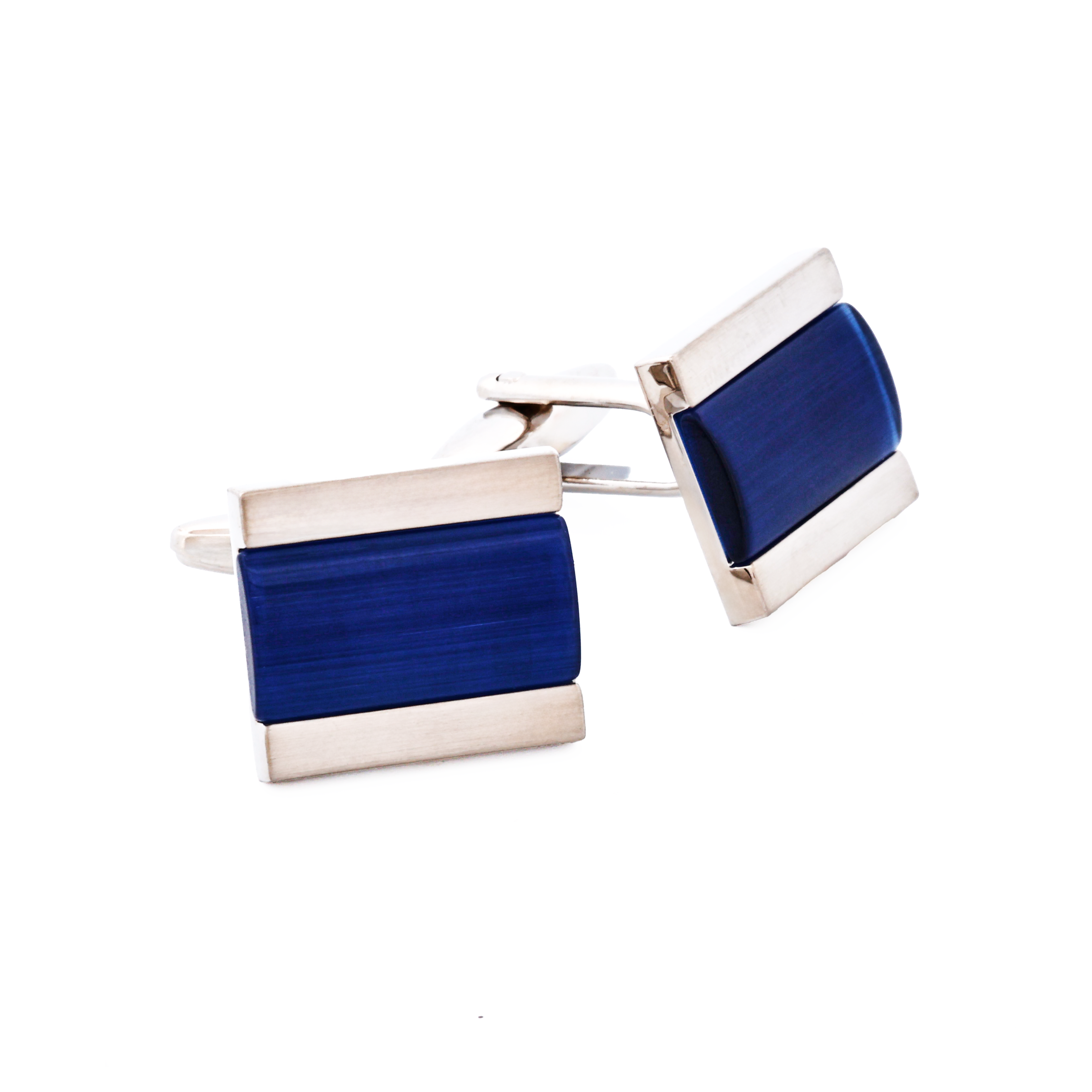 Brushed Rhodium Plated Dark Blue Cat's Eye Cufflinks