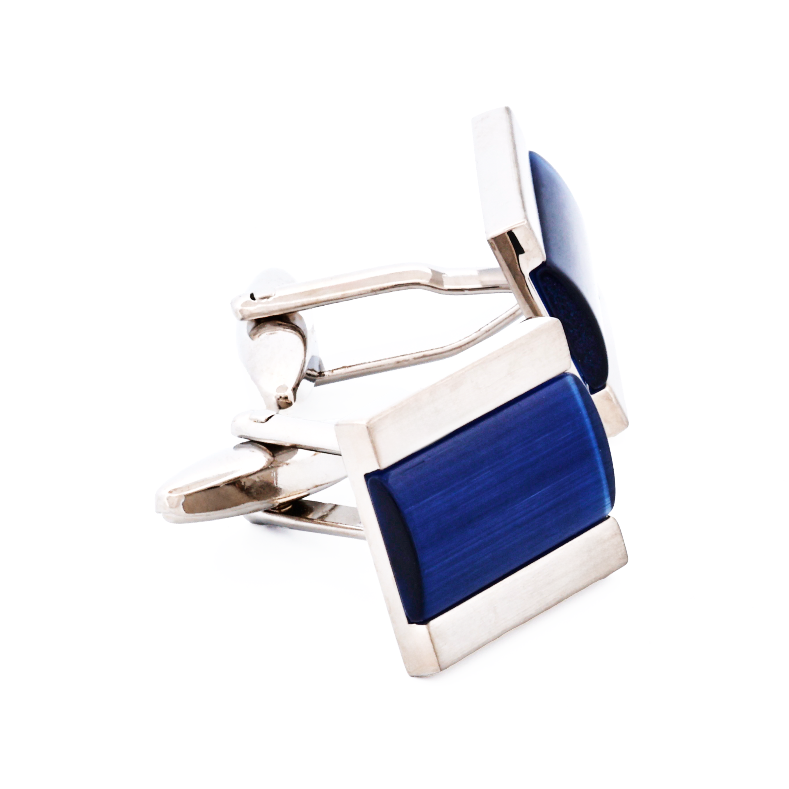 Brushed Rhodium Plated Dark Blue Cat's Eye Cufflinks