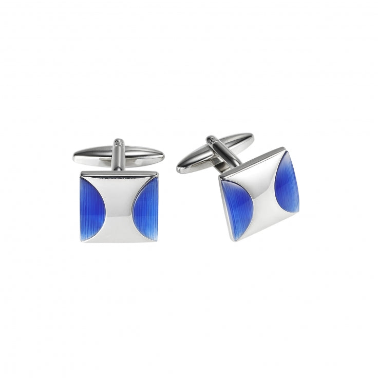 Polished Rhodium Plated Square Cufflinks with Twin Azure Blue Half Moon Cat's Eye Inlays