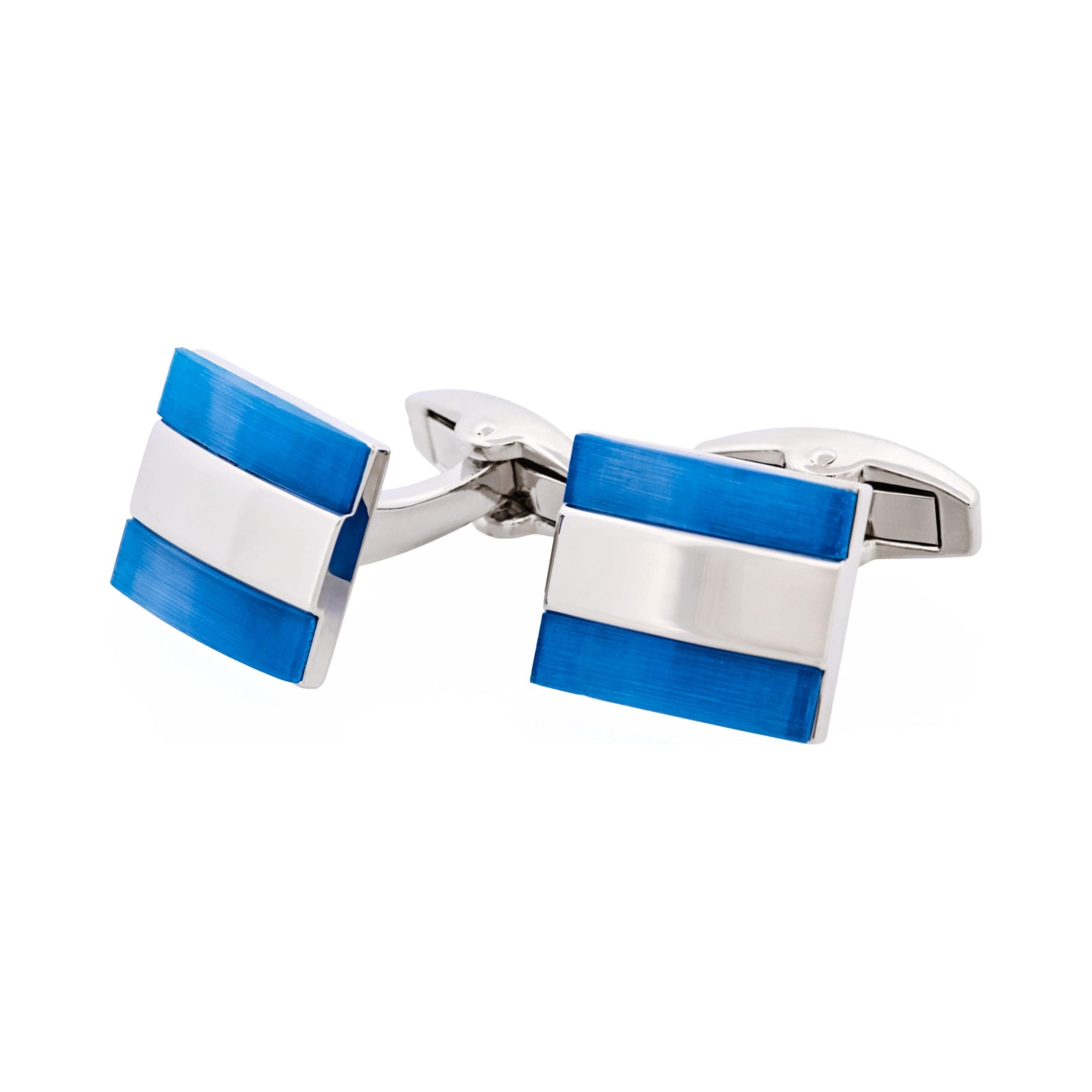 Polished Rhodium Stripe & Light Blue Cat's Eye Cufflinks
